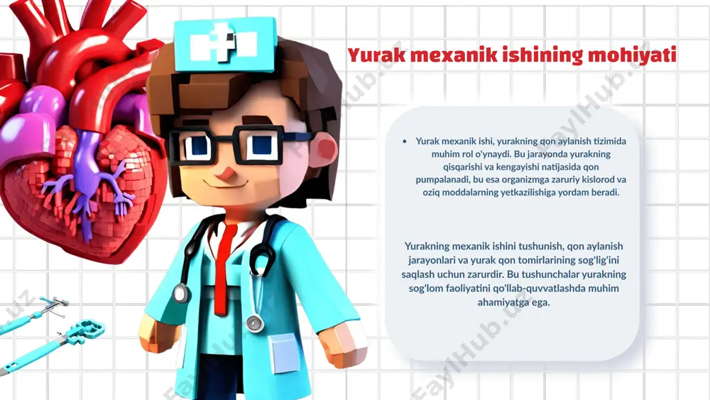 nik ishlari qon aylanishida muhim rol o'ynaydi. u qonni yurakning turli qismlariga, jumladan, o'pkalarga va butun tanaga aylantirish uchun shartdir. yurakning mexanik ishlari qon oqimining barqarorligini ta'minlaydi. - yurakning qisqarishi va kengayishi qonning yurakdan chiqishi va kirishini boshqaradi. - yurakning yuqori va pastki qismi o'rtasida qon aylanishini ta'minlaydi. - yurakning mexanik funktsiyalari qon bosimini nazorat qiladi. - yurakning mushaklari qon oqimini tezlashtiradi va sekinlashtiradi. mexanik ishdagi muammolar yurak mexanik ishida uchraydigan asosiy muammolar va ularni aniqlash usullari ko'rib chiqiladi. yurakning qisqarish kuchining pasayishi. qon aylanishining buzilishi. yurak qopqoqchalari bilan bog'liq muammolar. misollar: yurak yetishmovchiligi, aritmiya. muammolarni bartaraf etish yechimlari yurak mexanik ishidagi muammolarni hal qilish usullari quyidagilarni o'z ichiga oladi: 1. mexanik yordamchi qurilmalar (masalan, yurak nasoslari) yordamida yurakning ishsiz qismi faoliyatini tiklash. 2. qon aylanishini yaxshilash uchun dorivor preparatlar qo'llash. 3. yurakni reabilitatsiya qilish dasturlari orqali bemorning umumiy sog'lig'ini yaxshilash. 4. kardiologik jarrohlik amaliyotlari, masalan, by-pass operatsiyalari. yurak mexanik …