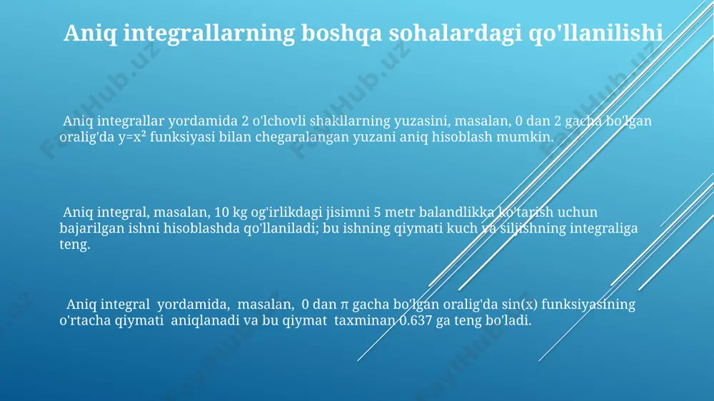 htimollik nazariyasidagi qo'llanilishi poisson taqsimoti parametrlari bilan aniq integral yordamida muayyan hodisaning sodir bo'lish ehtimoli (masalan, 5 minut ichida 2 ta qo'ng'iroq qabul qilish ehtimoli) 0.2 yoki 0.9 kabi aniq son sifatida topiladi. ikki tasodifiy o'zgaruvchining qo'shma zichlik funksiyasi berilgan bo'lsa, aniq integral yordamida ularning bog'liqlik koeffitsiyentini hisoblash mumkin. masalan, korrelyatsiya koeffitsiyenti -0.8 dan 1.0 gacha bo'lishi mumkin. aniq integrallar yordamida ehtimollik zichlik funksiyasining 0 dan 1 gacha bo'lgan oraliqdagi qiymati 0.68 ga teng bo'lgan normal taqsimot uchun ehtimollikni hisoblash mumkin. e'tiboringiz uchun rahmat @taqdimot_robot