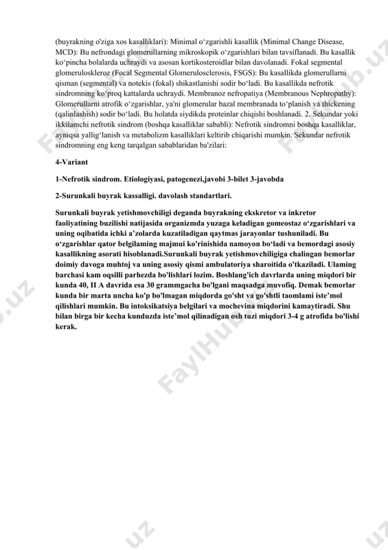 lar: agar bemorda antiphospholipid sindromi bo'lsa (qonning qaynash va tromb hosil qilish ehtimoli oshishi), antikoagulyantlar (masalan, warfarin) qo'llanilishi mumkin.4. kasallikning aktivligini kuzatish va boshqarishslening davolashda kasallikning aktivligi doimiy ravishda kuzatiladi. bu uchun: laborator tekshiruvlar: lupusning faoliyatini o'lchash uchun ba'zi markaziy laborator testlar (masalan, ana testi, komplement tizimi testlari, sed va crp darajalari) foydalaniladi.klinik kuzatuv: sle bemorlarini muntazam ravishda tekshirish va ularning simptomlarini kuzatib borish kerak.5. qo'shimcha davolash usullarifizioterapiya va reabilitatsiya: bo'g'imlar va mushaklarni kuchaytirish, harakatliligini tiklash uchun fizioterapiya va reabilitatsiya yordam berishi mumkin.psixologik qo'llab-quvvatlash: kasallikning uzluksiz va o'zgaruvchan tabiati bemorning ruhiy holatiga ta'sir qilishi mumkin, shuning uchun psixologik yordam va maslahat olish muhimdir. 2-jigar sirrozi. jigar yetishmovchiligi. etiologiyasi, patogenezi jigar sirrozi - surunkali progressirlanuvchi kasallik bo'lib jigar parenhima va stromasini zararlab jigar hujayralari distrofiyasi jigar to'qimasi tugunli regenerasiyasi, biriktiruvchi to'qima o'sishi, jigar bo'lakli strukturasining va qon tomir tizimi diffuz o'zgarishi, jigar va taloq retikuloendotelial elementlarning giperplaziyasi, gipersplenizm va jigar funksional …