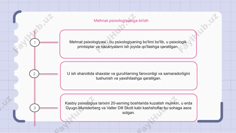 asining alohida soha sifatida rivojlanishiga asos soldi. bu sohadagi yana bir kashshof valter dill skott bo'lib, u ish joyidagi individual farqlar va motivatsiya muhimligini ta'kidladi. uning tadqiqotlari xodimlarni tanlash va motivatsiya strategiyalarini tushunishga yordam berdi. ishlab chiqarish va tashkiliy psixologiyaning paydo bo'lishi mehnat psixologiyasining paydo bo'lish tarixi ishlab chiqarish va tashkiliy psixologiyaning paydo bo'lishidan boshlanadi. 20-asrning boshlarida psixologlar ishning xulq-atvori va samaradorligiga ta'sir qiluvchi psixologik omillarni o'rganishni boshladilar. bu ish joyidagi inson xatti-harakatlarini tushunishga bag'ishlangan alohida soha sifatida kasbiy psixologiyaning rivojlanishiga olib keldi. gyugo myunsterbergning mehnat psixologiyasiga qo'shgan hissasi gyugo myunsterberg mehnat psixologiyasiga katta hissa qo'shgan. u mehnat unumdorligi va mehnat unumdorligida psixologik omillarning muhimligini ta'kidladi. uning ishi psixologiyaning ish joyiga qanday tatbiq etilishini zamonaviy tushunish uchun asos yaratdi. birinchi jahon urushining mehnat psixologiyasining rivojlanishidagi roli mehnat psixologiyasining kelib chiqish tarixi birinchi jahon urushining uning rivojlanishidagi roli bilan bog'liq. urush davrida askarlarning mahoratini baholash va muayyan rollarga moslashtirish zarurati tug'ildi, …