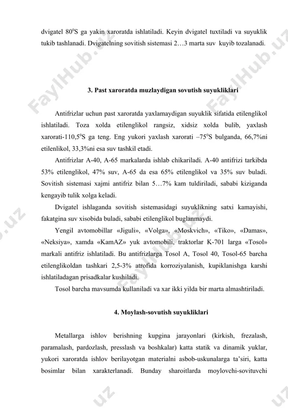 kamaytirishi lozim. bu suyuklik asosan neftdan olinib, unga xar xil prisadkalar kushilib tayerlanadi va vereton moy deyiladi. bu suyukliklar kuyidagicha markalanadi au, aup, mg-30, m-2ixp, amg-10, mge-10a. bu suyuklik (moylar) markasiga karab xar xil texnikalarda ishlatiladi. mg-30 ishchi bosim 20 mpa gacha bulgan texnikalarda (kurilish, kutarish-tushirish, yul kurishda ishlatiladigan mashinalarda) ishlatiladi. m-2ixp-traktorlarning gidrosistemasida ishlatiladi. amg-10-aviatsiyada ishlatiladi. motor moylaridan xam gidrosistemalarda foydalanish mumkin, ammo ular yukorida kursatilgan barcha talablarga javob bera olmaydi. tormoz suyukligi- gidravlik suyuklikning bir kurinishi bulib, ba’zi bir kushimcha talablarga javob berishi kerak: -yaxlash xarorati past, korroziyalanishga chidamli, moylash xususiyatiga ega bulishi kerak. tormoz suyukliklari kostrov, glitsirin, glikol, neft asosida tayerlanadi va kuyidagicha markalanadi: esk, bsk. esk-suyukligi 60% kostrov moyi va 40% etil spirtdan tashkil topgan bulib, rangi kizil xolda buladi. bsk-suyukligi 50% kostrov moyi, 50% butil spirtdan tashkil topgan bulib, sargish rangda buladi. bundan tashkari 35% tozalangan gletsirin, xamda 65% spirtdan xam tayerlanishi mumkin. gtj-22m-asosiy komponenti glikol …