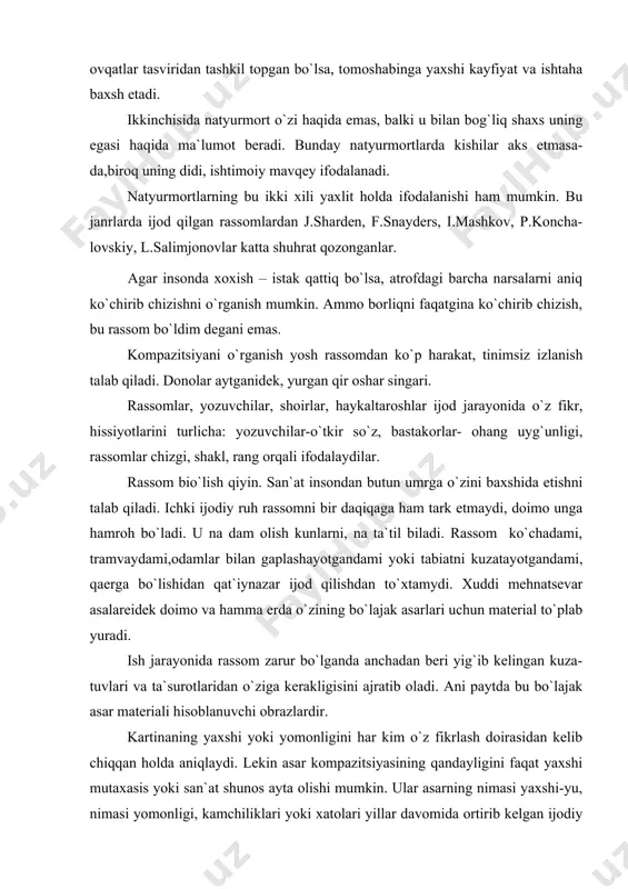atsevar asalareidek doimo va hamma erda o`zining bo`lajak asarlari uchun material to`plab yuradi. ish jarayonida rassom zarur bo`lganda anchadan beri yig`ib kelingan kuza- tuvlari va ta`surotlaridan o`ziga kerakligisini ajratib oladi. ani paytda bu bo`lajak asar materiali hisoblanuvchi obrazlardir. kartinaning yaxshi yoki yomonligini har kim o`z fikrlash doirasidan kelib chiqqan holda aniqlaydi. lekin asar kompazitsiyasining qandayligini faqat yaxshi mutaxasis yoki san`at shunos ayta olishi mumkin. ular asarning nimasi yaxshi-yu, nimasi yomonligi, kamchiliklari yoki xatolari yillar davomida ortirib kelgan ijodiy tajribasidan, badiiy ichki hissiyotidan, dididan kelib chiqqan holda aniqlaydilar. ammo ular ham ayrim hollada asarni biror so`z bilan ta`riflasahga ojizlik qiladilar. rassom ustalar bilan suhbatlashgan chog`larimda, so`z bilan tushintirishga qiynalishganidan, beixtiyor majoziy so`zlarga o`tib ketishadi. menimcha bu avvalo, san`atning hissiyot bilan bog`likligidadir. juda ko`pgina rassomlar uchun kompazitsiyani bilish alohida o`rin tutadi. ularning o`zlari ko`pincha “kopazitsion his etish” qobiliyatiga ega bo`ladilar. shu sababdan ham tasviriy san`atni sirtdan o`rganish juda qiyin, chunki ko`pgina masalalar …