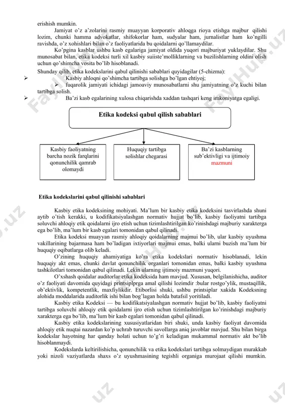 gan. bundan tashqari, xalqaro tashkilotlar xodimlari uchun (masalan, muzeylar), muassasalar, xalqaro kasaba uyushmalari xodilari uchun ham ahloqiy kodekslar mavjud. ular xalqaro maqomga ega. iqtisodiy etika - bu tadbirkorlik faoliyati ishchilarning odob ahloqini aks ettiruvchi normalar majmuini namoyon etadi, tadbirkorning ish uslubiga rivojlangan jamiyatning talablarini ko’rsatadi, tadbirkorlik faoliyati ishtirokchilari o’rtasida munosabat va ijtimoiy yondashuv qanday bo’lishi kerakligini aks ettiradi. iqtisodiy etika bozor munosabatlarining shakllanishi, tarixiy an’analar, ommaviy anglab etishning keng namoyon bo’lishi, insonning mehnatga bo’lgan ahloqiy munosabati mezoni natijasida yuzaga keladi. iqtisodiy etikaning bir turi ish muomalasi bo’lib hisoblanadi. ish etiketi — bu ishbilarmon kishining boshqa insonlar bilan muomala qilish jarayonidagi o’zaro yurish turishi, harakatlari qoidasi xisoblanadi. u muayyan bir mamlakatning tarixiy shart sharoitlari hamda urf odat, an’analari bilan bevosita bog’liqdir. ish muomalasi etiketi tadbirkorlikning ko’rinishini, korxonani, shaxsni kashf etish, uni paydo qilish uchun yordam beradi. yuqori o’ziga xos ko’rinishga ega bo’lgan tashkilot, muassasa, korxonalar o’zlarining moliyaviy xo’jalik faoliyatlarida yuqori iqtisodiy …