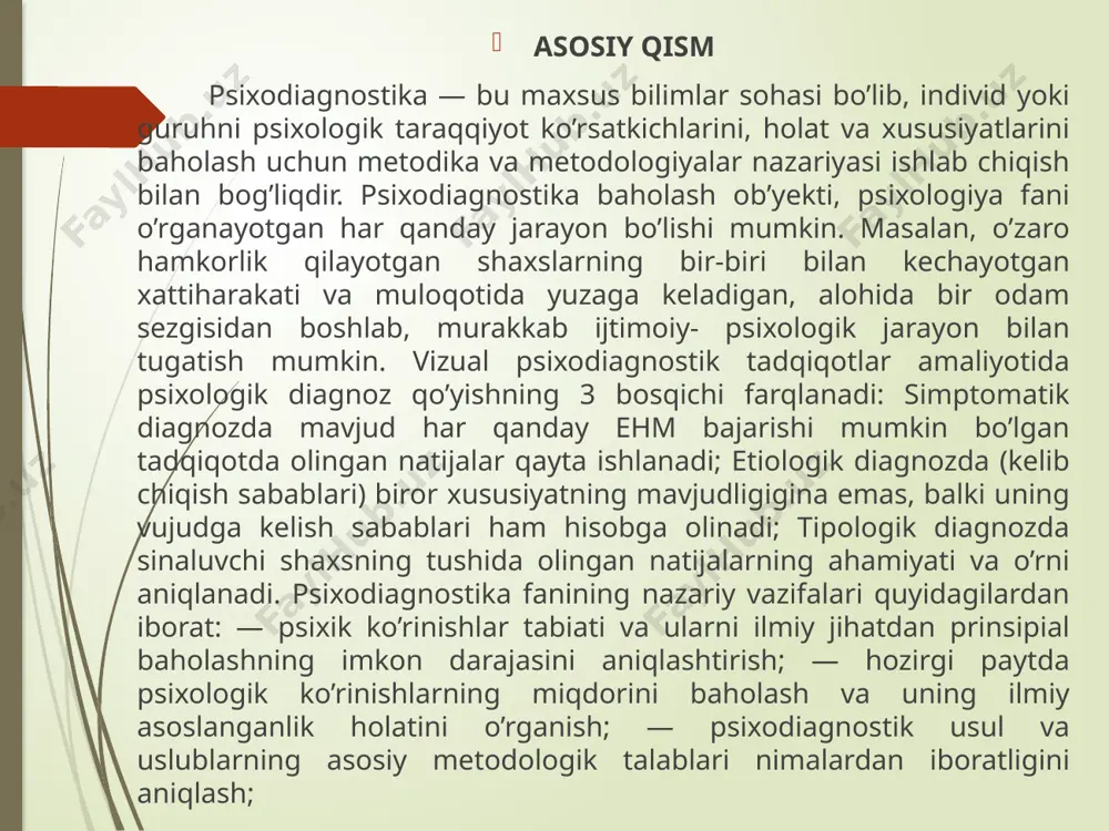 sus kompleksi shakllanadi. psixodiagnostik faoliyat jarayonini metodikalar oprobasiyasi, talablar yo’riqnomasini ishlab chiqish, tadqiqotlarni o’tkazishdagi qonun-qoidalarni yaratish, natijalar tahlilining usullarini shakllantirish hamda ma’lum metodlarning imkoniyat va cheklanishlarini muhokama qilish tashkil etadi. diagnostik faoliyat o’z maqsadiga ko’ra tashxis (diagnoz) yo’nalishishining turli ko’rinishlariga egadir. qo’yilgan tashxis o’rganilayotgan xususiyatlarni shakllantirishga yoki korreksion ishlarni tashkil etishga qaratilgan amaliy tavsiyalar orqali ifodalanadi. psixodiagnostika psixologiyani ilmiy va amaliy jabhalaridan tashqari, uning boshqa sohalarida ham keng qamrovda qo’llaniladi. masalan, tibbiy psixologiya, patopsixologiya, injenerlik psixologiyasi, mehnat psixologiyasi kabi insonning psixologik xususiyatlarini bilish talab qilinadigan barcha sohalarida foydalaniladi. ilmiy va amaliy psixodiagnostika yuqorida qayd etilgan barcha holatlarda ham o’ziga xos muhim vazifalarni hal etadi. ularga quyidagilar kiradi: insondagi mavjud biror psixologik xususiyat yoki xulq-atvori holatini aniqlash; mazkur xususiyatning shakllanganligi, ya’ni uning miqdoriy va sifatiy ko’rsatkichlarda namoyon bo’lishi darajasini o’rganish; zarur bo’lgan holdagina shaxsning tashxis qilinayotgan xulq-atvoridagi psixologik xususiyatlarini ochib berish; o’rganilayotgan xususiyatlarning shakllanganlik darajasini taqqosiy ishlanmasini yaratish. amaliy psixodiagnostikada sanab …