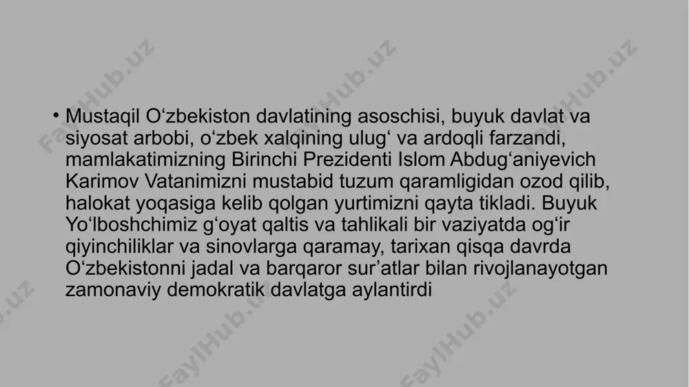tasiga o‘tib, fan bo‘limi bosh mutaxassisi lavozomidan davlat reja qo‘mitasi raisining birinchi o‘rinbosari lavozimigacha yo‘lni bosib o‘tdi, jiddiy va o‘ziga xos fikrlaydigan iste’dodli iqtisodchi obro‘siga erishdi. 1983 yilda moliya vaziri, 1986 yilda ministrlar kengashi raisining o‘rinbosari - o‘zbekiston davlat reja qo‘mitasi raisi bo‘ldi. iqtisodchi, nazariyachi va amaliyotchi islom karimov xo‘jalik yuritishning ma’muriy-buyruqbozlik tizimi butunlay noto‘g‘riligini ko‘rib anglagan. respublikaning moliyaviy-iqtisodiy rivojlanishi rejalarini shakllantirgan davlat reja qo‘mitasida va moliya vazirligida xizmat pillapoyalaridan o‘tayotib, tahliliy tafakkurga ega bo‘lgan holda hech kimga ma’lum bo‘lmagan yuzaga kelgan muammolarni ich-ichidan his qilardi. 1986 yilda o‘zssr davlat reja qo‘mitasi raisi bo‘lgan islom abdug‘aniyevich vaziyatni chuqur o‘rganganidan keyin respublika iqtisodiy talofat oldida turganini angladi. u vaziyatni tushungan va uni yaxshi tomonga o‘zgartishni xohlagan holda o‘zbekiston kompartiyasi markaziy qo‘mitasiga “o‘zbekiston iqtisodiyoti rivojlanishi muammolari va istiqbollari haqida”gi ma’lumotnoma tayyorladi 1991-yil 31-avgustda karimov tarixiy voqea — oʻzbekiston respublikasining davlat mustaqilligini eʼlon qildi. 1991-yil 29-dekabrda muqobillik asosida oʻtkazilgan umumxalq saylovida karimov oʻzbekiston …