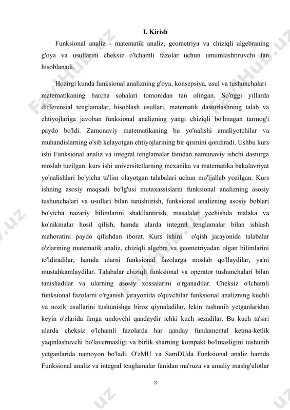 nishga yangi shart- sharoitlar yaratib berishdi. ta’limning fan va ishlab chiqarish bilan intergiyasi mexanizmlarini rivojlantirish, uni amaliyotga joriy etish, o’qishni, mustaqil bilim olishni individuallashtirish hamda masofaviy ta’lim tizimi texnalogiyasini, uning vositalalarini ishlab chiqarish, o’zlashtirish, yangi pedadogik va axborot texnologiyalari asosida o’quvchi va talabalarni o’qitishni jadallashtirish yanada dolzarb vazifalar sirasiga kiradi. ta’limni isloh qilish, yangi mazmundagi va zamon talabiga javob beradigan o’quv adabiyotlar, qo’llanmalarni yaratish va ilg’or pedagogik texnalogiyalarni joriy etishni taqozo etadi. ta’lim tizimidagi kamchiliklar, shu jumladan, matematika fanidan ham o’qitish uslubiyatini chetlab o’tmaydi. har bitta fanga alohida e’tibor berish, har bir mavzuni o’qitishda ma’suliyatli bo’lish o’qituvchi, professor, dosent va akademiklarning eng oliy maqsadi hisoblanadi. bizga ma’lumki matematika fani juda qiziqarli va shu bilan birga murakkab fan bo’lib ham hisoblanadi. ma’lumki, funksionla analiz fani nima uchun kerak, nima maqsadlarda foydalaniladi, uning yechimlari qanday topiladi kabi masalalar qaraladi. shu o’rinda bu mavzuga doir “chiziqli funksionallar” mavzusidan bularga oid masalalar, misollar yechish …