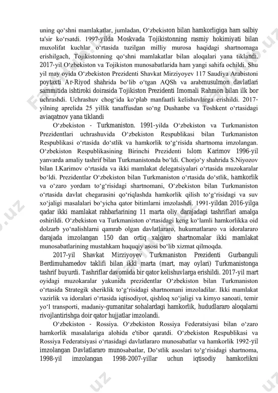 imov tomonidan imzolangan o‘zbekiston respublikasi bilan 114 qozog‘iston respublikasi o‘rtasida do‘stlik va hamkorlik to‘g‘risidagi shartnoma asosida mustahkamlanib bordi. qozog‘iston prezidenti n.nazarboyev 1994-yil yanvarda https://joqargikenes.uz/wp-content/uploads/2019/11/f1902a49-9f25-4399-8b55-04deee790845.jpg https://joqargikenes.uz/wp-content/uploads/2019/11/f1902a49-9f25-4399-8b55-04deee790845.jpg rasmiy davlat tashrifi bilan o‘zbekistonda bo‘ldi. ikki prezident o‘zbekiston bilan qozog‘iston o‘rtasida tovarlar, xizmatlar, sarmoyalar va ishchi kuchlarning erkin o‘tib turishini nazarda tutuvchi hamda o‘zaro kelishilgan kredit, hisob-kitob, budjet, soliq, narx, boj va valuta siyosatini ta'minlash to‘g‘risida shartnomani imzoladilar. 1998-yil oktabrda o‘zbekiston va qozog‘iston o‘rtasida abadiy do‘stlik shartnomasi imzolandi. o‘zbekiston va qozog‘iston prezidentlarining toshkentda 2000-yil bo‘lgan uchrashuvida ikki davlat chegaralarini aniq belgilab olishga bag‘ishlangan uchrashuvi bo‘ldi. muzokaralar yakunida “o‘zbekiston respublikasi prezidenti va qozog‘iston respublikasi prezidentining qo‘shma bayonoti” imzolandi o‘zbekiston - qirg‘iziston. o‘zbekistonning qirg‘iziston bilan ikki tomonlama hamkorligi o‘zbekiston respublikasi bilan qirg‘iziston respublikasi o‘rtasida do‘stlik, hamkorlik va o‘zaro yordam haqida shartnoma asosida yo‘lga qo‘yildi va rivojlantirilmoqda. bu shartnoma toshkentda 1992-yil qirg‘iziston prezidenti askar akayevning o‘zbekistonga rasmiy davlat tashrifi paytida imzolangan edi. mamlakatimiz birinchi prezidenti islom karimovning …