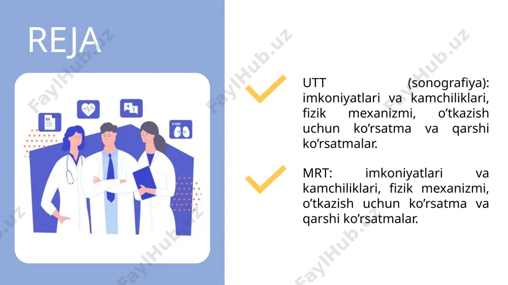 r sit amet, consectetuer adipiscing elit. ultratovush to’lqinlarining xossalari: to’g’ri chiziqli tarqalish. (shu sababli a’zolarning konturi va shakli o’zgarishsiz tasvirini olish mumkin); fokuslanish imkoniyatiga ega; a’zolarga kirib boradi (yutilish); nafaqat a’zolarning tashqi konturlari, balki ularning ichki tuzilishi va funksiyasi haqida ham ma’lumot bera oladi; to’lqinning tebranish davri, chastotasi, uzunligi va tezligi (o’rtacha=1540m/s). sonografiya: fizik asoslari 16 hz dan 20khz gacha bo’lgan tovushlar inson eshita oladigan tovushlardir. infratovushlar 20khz . sonografiyada 2 – 15 mhz chastotali ultratovushlar qo’llaniladi. a’zo to’qimasining zichligi va elastikligi birgalikda akustik qarshilik – impedans ( z=ρt ) deyiladi. bu qanchalik past bo’lsa, ultratovush qaytishi shuncha yuqoridir. masalan, havodan 100% ultratovush qaytganligi sababli maxsus geldan foydalaniladi. sonografiya: fizik asoslari to’lqin chastotasi qanchalik baland bo’lsa, uzunligi shunchalik qisqa bo’ladi, ammo tasvir aniqligi ortadi. 1 мhz – 50 сm gacha 7,5 мhz – 7 сm 3,5 мhz – 30 сm 10 мhz – 5 сm 5 мhz – 15 сm …