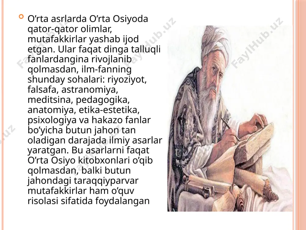 dan tashqari ibn sino tarbiya metodlari haqida ham to’xtalib o’tadi. tarbiya metodlaridan oila tarbiyasi, oilda bola tarbiyasini amalga oshirishda regional xususiyatlarni qo’llash zarurligini ta’kidlaydi. ibn sino shaxs taraqqiyotida musiqaning o’rni haqida ham to’xtalib o’tadi. u allaning ahamiyati haqida shunday deydi: «aytilgan qo’shiqning so’zlari tanaga qaratilgan bo’lsa, uning ohangi bolaga qaratilgan »,-deydi. ibn sino aristotel’ va farobiy ta’limotiga asoslanib ruh va tana haqidagi ta’limot doirasida fikr yuritgan. chunki u ham o’zidan oldingi allomalar kabi tana va ruh haqidagi ta’limotni, jon ta’limoti doirasida ta’kidlaydi. abdurahmon jomiy abdurahmon jomiy - 1414-1492 yilda tug’ilgan. o’zining yaratgan asarlarida shaxs taraqqiyoti haqida teologik nuqtai nazardan fikr yuritgan. u birinchi bor shaxs tipologiyasini yaratgan, 6 ta tipdan iborat bo’lib, bu tipdagi shaxslar xursandchilik nima ekanini bilmaydi, degan fikrni ilgari surdi. shulardan: 1 tip - hasadgo’y (birovlarning yutug’ini ko’rolmaydi, kayfiyatini buzadi) 2 tip – g’iybatchilar 3 tip - tasodifat boyigan kambag’allar 4 tip - amalparastlar 5 tip - …