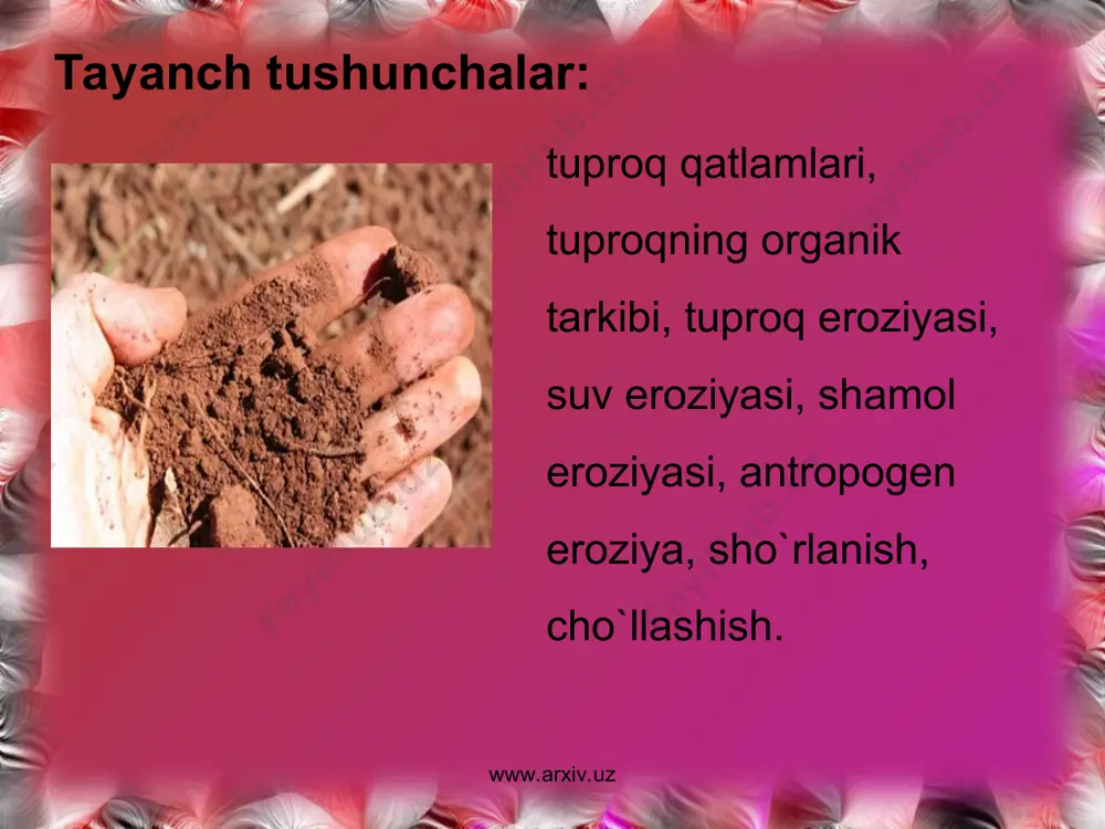 koson rayonlarida makrokko chigirtkasiga qarshi 12 t geksoxloran, 1,5 t xlorofos, 2t bi-58 kabi juda zaxarli moddalar qo`llanildi. yerda yiilib qolgan bu zaxarli moddalar o`simlik ildizi orqali surilib, uning mevalariga yiildi, xashaklar orqali hayvonlar organizmiga o`tib, uni zaxarlaydi. kishilar tarkibida me`yoridan bir necha marta ko`p zaharli kimyoviy moddalar bo`lgan suv, oziq-ovaqatli moddalarni iste`mol qilganlari uchun oshqozon-ichak, jigar, nafas olish organlari, nerv sistemasi kasalliklari, shamollash, allergiya, ankologik kabi kasalliklarga ko`p duchor bo`lishdi. ovqat orqali tushgan kimyoviy zaharli moddalar organizmni, immunitet hosil qilish sistemasini buzadi. www.arxiv.uz www.arxiv.uz www.arxiv.uz www.arxiv.uz yerni resurslarini muhofaza qilish choralari. maqsadimiz halqimizning jismoniy va aqliy jihatdan solom bo`lishga erishishdir. buning uchun avvalo erimizning xilma-xil zaharli kimyoviy moddalardan soqit qilib, uni solom qilishimiz kerak. shundagina kishilarni sifatli, to`yimli oziq-ovqat bilan ta`minlay olamiz. mutaxassislarning fikricha, erni yiilib qolgan zaharli chiqindilardan soqit qilishga 8-10 yil davomida hech qanday preparat qo`llamasdan almashlab ekish va boshqa biologik usullarni keng qo`llash orqali erishish lozim. …