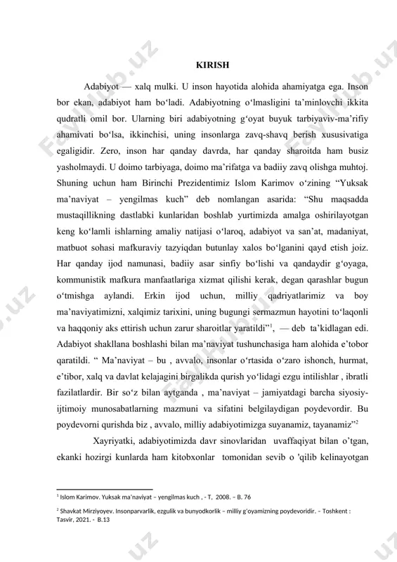 orladi degan qarashga toʻla qoʻshilaman. xx asr adabiyotining millat badiiy zavqi, goʻzallik tuygʻusini shakllantirishdagi xizmatlari esa beqiyosdir.[footnoteref:3] [3: xx asr mening taqdirimda . – jahon adabiyoti jurnali. 2009 – b.24] 30-yillarga kelib oʻzbek she’riyatida shakl va mazmun sohasida bir qancha yangiliklar vujudga keldi. koʻplab chuqur mazmunli goʻzal poetik asarlar yaratildi. she’riyat yangi mavzu va yangi obrazlar bilan boyidi. she’riyatning bunday xususiyatlari, choʻlpon, hamid olimjon, oybek, gʻafur gʻulom, uygʻun, shayxzoda, mirtemir singari taniqli shoirlar ijodidagina emas, balki 30-yillarda adabiyotga kirib kelgan usmon nosir, amin umariy, hasan poʻlat. sulton joʻra. elbek, temur fattoh, zulfiya kabi yosh iste’dodlarning asarlarida ham yaqqol koʻrindi.[footnoteref:4] [4: sharafiddinov o. uch choʻqqining biri. – t, 2001. - b.54] mana shunday davrda adabiyotda oybek paydo boʻldi. 30-40- yillarda oʻz she’rlari bilan oybek adabiyotshunoslikka oʻzgacha ruh va mazmun bagʻishladi. kur ishi mavzusining dolzarbligi: oʻzbekiston yozuvchilar uyishmasi raisi, noyob iste’dod sohibi, betakror shoir, muso toshmuhammad oʻgʻli oybek xalqimiz va butun ezgu …