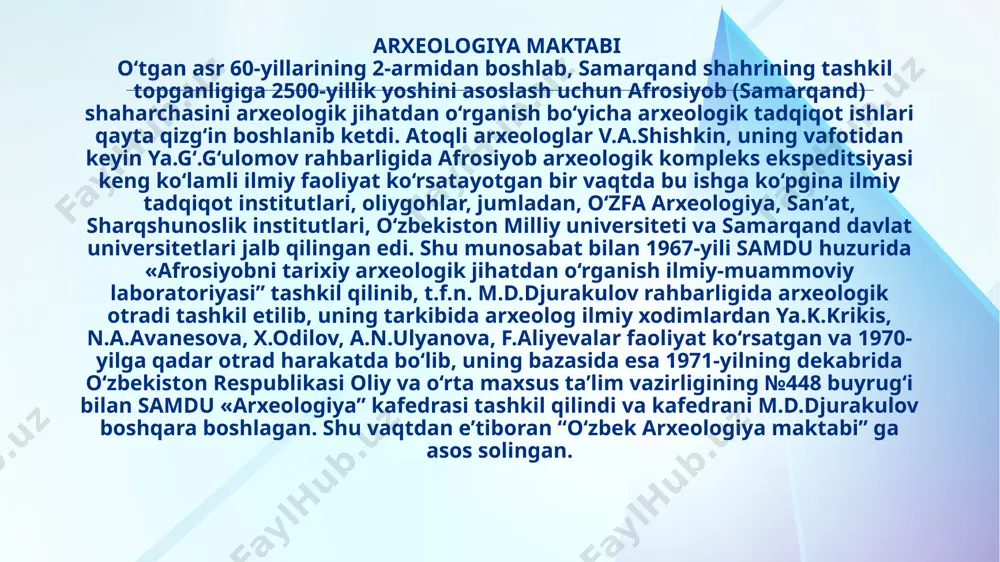 li paleolitshunos olim david natonovich lev nomi bilan bog‘liqdir. buyuk inson, fizik olim muso mo‘minov 1944-yili urush tufayli vaqtincha yopilgan universitetni qayta tiklashga muyassar bo‘ldi va leningraddan evakuatsiya tufayli samarqandga kelgan d.n.levni ishga taklif qiladi. bu olim arxeologiya fanidan ta’lim ishlarini, o‘sha yillarning qiyinchiliklariga qaramay, bir muncha jonlantirib, zarafshon vodiysining eng qadimgi davr tarixini o‘rganishga kirishadi, dala tekshiruv va tadqiqot ishlariga universitet tarixchi talabalarini jalb qilib, uyushtirilgan arxeologik otradga ilmiy rahbarlik qilib, muhim ilmiy yutuqlarga erishadi. david natonovich lev kafedrani 1971-1974 yillar dos. m.d.djurakulov, 1975-1985 yillar dos. r.r.mukasheva, 1986-yil dos. q.k.kubakov, 1986-1993 yillar prof. n.a.avanesova, 1993-2012 yillar prof. m.d.djurakulov va 2012-yilning yanvar oyidan boshlab t.f.n. d.m.djurakulova tomonidan boshqarilib kelinmoqda. ayni vaqtda kafedra tarkibida 18 professor-o‘qituvchilar faoliyat ko‘rsatib keladi. jumladan, tarix fanlari doktori professor m.d.djurakulov, dotsentlar n.a.avanesova, d.m.djurakulova, n.u.xolmatov, o‘qituvchilar r.b.abriyev, i.m.qurbonboyev, o.t.ergashev, assistentlardan a.aslanov, u.umarov, a.umarov, a.sandiboyev, o.fatayeva, a.kasparov, shular jumlasidandir. bundan tashqari o‘zr fa arxeologiya instituti yetakchi ilmiy xodimlaridan …