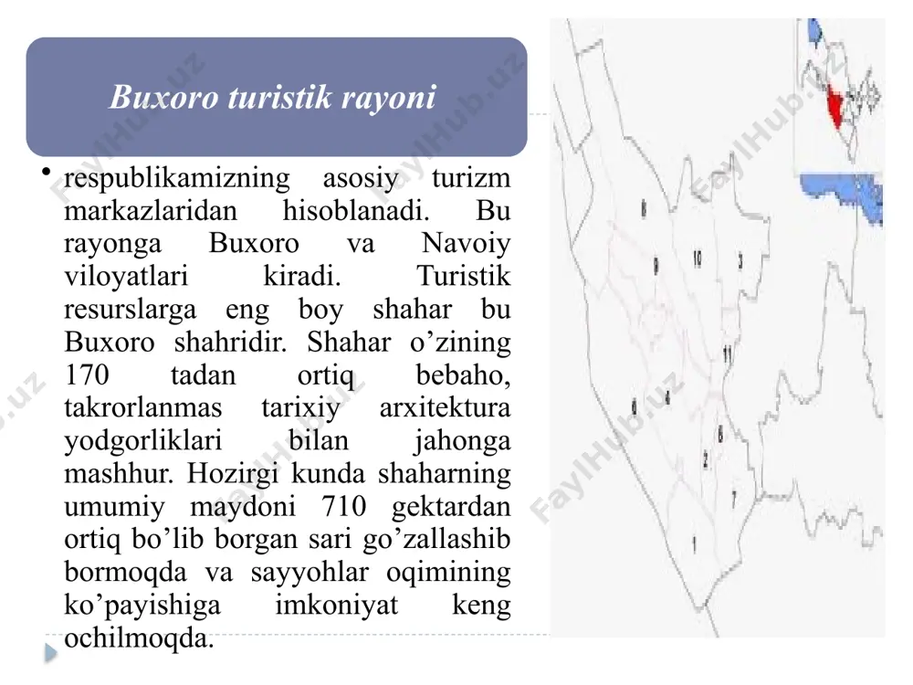 vuz majmuasi, ismoil somoniy maqbarasi, chashmai – ayub, abdulloxon madrasasi, modari – xon madrsasi, masjidi baland, gavkushon majmuasi, zayniddin hoji xonaqosi, poyi – kalon majmuasi, labi – hovuz majmuasi, ko’kaldosh madrasasi, nodir devonbegi xonaqosi, ulug’bek madrasasi, abdulazizxon madrasasi, bolohovuz masjidi, sayfiddin boharziy maqbarasi, bayonqulixon maqbarasi, fayzobod xonaqosi, chorminor madrasasi, buxoro amirining sitorai mohi – xosa yozgi saroyi, chor – bakr majmuasi. “jayron” ekomarkazi bo’lib u, noyob olachipor jayronlarni maxsus o’rchitidigan ilmiy dargoh bo’lib hisoblanadi. bu obyekt viloyat turizmida yangi marshrutlar ro’yxatini kiritish lozim bo’ladi. nurota tog’ oldida joylashgan "chashma bo’log’i" ko’p asrlardan buyon nurota shahri va uning atrofidagi qishloqlarni suv bilan taminlash bilan bir qatorda diniy ziyoratgohdir. buloq yakinida "chilistun" masjidi, madrasa, abul xasan nuriy maqbarasi va qalasi joylashgan chashmadagi baliqlar ilohiy hisoblanadi. baliqdan taralayotan nur inson nigohini lol qoldiradi. qoratog’ tizmasiniig janubiy yon bag’rida «sarmish darasi»dagi qoyalarda avlodlarimizning hayoti va madaniyatini aks ettiruvchi lavhalar, rasmlar ishlangan. janubiy nurota tizmasida …