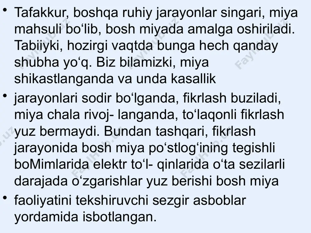 muhtoj bo‘ladi. demensiya — fikrlash buzilishining orttirilgan turi. uning asosiy sabablari ateroskleroz, alsgeymer kasalligi, og‘ir ensefalopatiyalar, xuruj bilan kechuvchi xafaqon kasalligi, lakunar insultlar. bu bemoriarning fikrlash doirasi o‘ta tor bo‘ladi, axloqi, xotirasi, o‘z holatiga tanqidiy qarashi keskin buziladi. yaqinlari bilan ham qiziqmay qo‘yishadi. demensiyaning yengilroq turida xotira qisman bo‘lsa-da saqlanib qoladi, axloq doirasi, hissiy kechinmalari va tafakkur operatsiyalari o‘zgarmaydi. image1.png image2.png image3.png image4.png image5.png image6.png