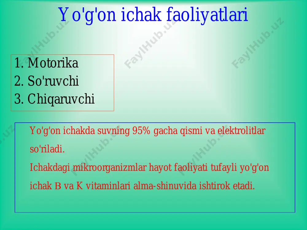 ardan patologik oqmalar kelishi •bemorni umumiy ahvolini yomonlashuvi •ayrim hollarda o'smani pal`patsiya kilinishi bilan •xarakterlanadi. qorindagi og'riqlar • qorindagi oqriqlar 80-90% bemorlarda kuzatiladi • og'riqlar yallig'lanish jarayonini qorin pardasiga o'tishi bilan bog'liq • og'riqlar intensivligi har-xil (to'mtoq, tortuvchi), lekin ichak tutilishi yuzaga kelganda intensivligi kuchayadi, hurujsimon tus oladi. ichak diskomforti •ishtahani pasayishi •kekirish •ko'ngil aynishi •epigastral sohadagi og'irlik hissi •bemorlarda ichini qotishi •ichini suyuq holda ketishi •qorinni quldirashi •qorinni shishishi patologik ajralmalar patologik ajralmalar: najas bilan qon va yiringni chiqishi 40-50% bemorlarda kuzatiladi. qon o'sma parchalanganda, yiring va shilliqni chiqishi o'sma atrofini yalliglanishida va qo'shimcha kolit rivojlanganda ajraladi. ayrim bemorlarda o'smani paypaslanishi yakka simptom bo'lib hisoblanadi, ko'proq o'sma yo'g'on ichakni o'ng yarmida joylashganda kuzatiladi. yo'g'on ichak rakini klinik shakllari toksiko-anemik toksiko-anemik shakli holsizlik, tez-tez charchash, tana haroratini ko'tarilishi, teri rangini oqarishi anemiya hisobiga. enterokolitik shakli enterokolitik shakli qorin shishi, qorinni quldirashi, ichni qotishi, ichni ketishi, qorindagi og'riqlar va najasda qon, …