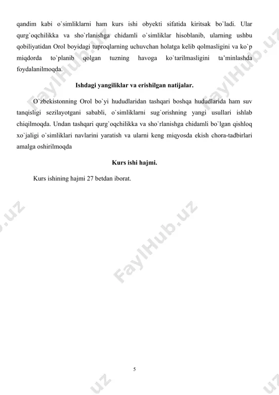 dlariga ham bog`liq. ayniqsa, o`simliklarning yosh a’zolarida va bargida bu ko`rsatkich 90 foizgacha borishi mumkin. suv miqdori hujayra protoplazmasida 80 foiz, shirasida 98 foiz, po`stida 50 foizgacha yetishi mumkin. ayrim ho`l mevalarda juda ko`p: bodringda 98 foiz, pomidorda 94 foiz, tarvuzda 92 foiz, kartoshkada 77 foizgacha bo`ladi.[1] 1) biokimyoviy reaksiyalarning sodir bo`lishida uchun asosiy muhit bo`lib hisoblanadi; 2) kimyoviy birikma bo`lganligi uchun muhim reaksiyalarda: gidroliz, sintez, oksidlanish va qaytarilish reaksiyalarida (fotosintez, nafas olish, mineral elementlarni o`zlashtirish va hokazolar) to`g`ridan-to`g`ri ishtirok etadi; 3) o`simliklarni kuchli issiqlik ta’siridan saqlaydi, ular haroratini pasaytiradi (transpiratsiya); 4) o`simliklarning tuproqdan qabul qilgan mineral elementlari, uning tanasida hosil bo`lgan organic moddalarning harakati va qayta taqsimlanishi ham suv hisobiga sodir bo`ladi.[1] dastlabki hayotning paydo bolishidan boshlab organizmlarning tashqi muhitni noqulay omillari ta’siriga moslashuvi va chidamliligi sodir bo`la boshlagan. chunki noqulay omillar organizmlarning, jumladan, o`simliklar tanasida kechayotgan fiziologik va biokimyoviy jarayonlarning jadalligiga ta’sir etadi. ayniqsa, suv yetishmasligi, haroratning minimumdan …