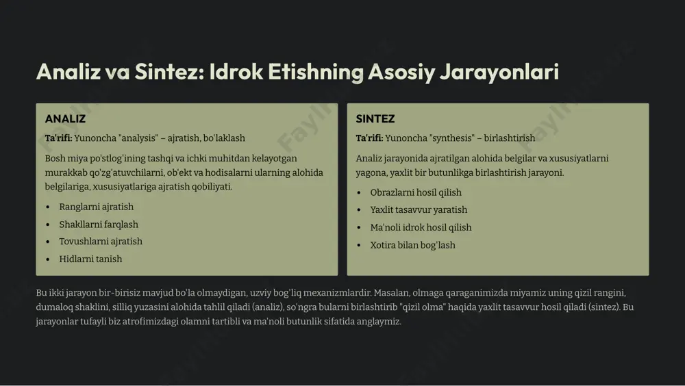drok buzilishiga olib keladi. inson organizmidagi asosiy analizatorlar ko'ruv analizatori atrof-muhitdagi narsalarning rangi, shakli, hajmi, yorqinligi va harakati haqida 90% gacha axborotni beradi. eng murakkab va muhim analizator hisoblanadi. eshituv analizatori tovush tebranishlarini idrok etish orqali nutqni tushunish, muloqot qilish va xavfdan ogoh bo'lish imkonini beradi. insoniy muloqotning asosi. teri-muskul analizatori teginish, bosim, harorat, og'riq va mushaklar holatini sezish. tananing barcha qismlaridan kelayotgan signallarni qayta ishlaydi. hid bilish analizatori kimyoviy moddalarni sezish va ularni farqlash. xotira va hissiyot bilan chambarchas bog'liq bo'lgan analizator. ta'm bilish analizatori oziq-ovqat moddalarining kimyoviy tarkibini sezish. organizm uchun foydali va zararli moddalarni farqlashda muhim rol o'ynaydi. vestibulyar analizatori tananing fazodagi holati, muvozanat va harakat yo'nalishini nazorat qiladi. koordinatsiya va harakat tartibining asosidir. ko'ruv analizatori: eng murakkab sezgi tizimi ko'z tuzilishi va to'r pardadagi fotoretseptorlar ko'ruv analizatori bizga atrof-muhit haqida 90% gacha axborotni beradi va eng murakkab analizator hisoblanadi. periferik qismi ko'z soqqasining to'r pardasida ikkita …