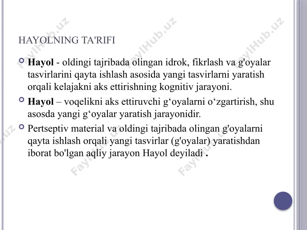 ni namoyon qiladi. ijodiy hayol insonning mavjud model bo'yicha emas, balki yaratilgan tasvirning konturlarini mustaqil ravishda belgilash va unga kerakli materiallarni tanlash orqali g'oyalarni o'zgartirishi va yangilarini yaratishi bilan tavsiflanadi. hayolning maxsus shakli - bu tush - yangi tasvirlarni mustaqil yaratish. tushning asosiy xususiyati shundaki, u kelajakdagi faoliyatga qaratilgan, ya'ni. tush - orzu qilingan kelajakka qaratilgan hayol. xulosa hayolning umumiy xususiyatlari va uning aqliy faoliyatdagi roli . hayol turlari. hayolning funktsiyalari. hayolning tasvirlarini yaratish usullari foydalanilgan adabiyotlar: 1. dyui dj. “psixologiya i pedagogika mishleniya”. m., progress, 1998. 2. karnegi d. “kak zavoevat druzey i okazivat na nix vliyanie”. m., progress, 1990. 3. karimova v.m. targ‘ibotning psixologik uslublari.- t.: ma’naviyat, 2000. 16 b. 4. karimova v.m. ota-ona maktabi – baxt kaliti.- t., 2002 e'tiboringiz uchun rahmat! image2.png image3.png image4.png image5.jpeg image6.jpeg image7.jpeg image8.jpeg image9.jpeg image10.jpeg image11.jpeg image12.jpeg image13.jpeg image14.jpeg risunok1 /docprops/thumbnail.jpeg