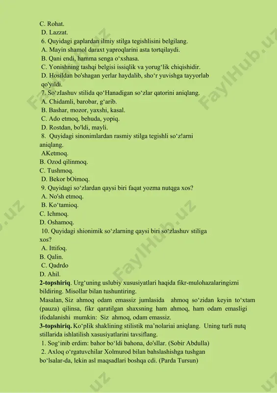 arini tavsiflang. 1. sog‘inib erdim: bahor bo‘ldi bahona, do'sllar. (sobir abdulla) 2. axloq o‘rgatuvchilar xolmurod bilan bahslashishga tushgan bo‘lsalar-da, lekin asl maqsadlari boshqa cdi. (parda tursun) 3. sizning beton qorishmangizning sifati boskqa qorishmalardan nimasi bilan farqlanadi? (gazetadan) 4. uning quyuq qoshlari ko‘tarilib, chiroyli ko'zlari charaqladi. (asqad muxtor) 5. qanaqa onalar ekanki, kelinini oldiga solib to‘y-hashamlarda yuradigan. (said ahmad) 6. iclii qora zotlar yaxshi bilsinlarki, men qayerda bo‘lmayin, haqiqatni qo‘riqlayman. (oybek) 7. 0 ‘choq boshida qo‘polgina, qirq besh yoshlar chamasi bir xotin choy qaynatib yuradir. (abdulla qodiriy) 4-topshiriq. bir so‘zining stilistik xususiyatlarini aniqlang. uning qaysi ma’noda ishlatilganini yozing. 1. mahamat chatoq azizlarnikiga birinchi bor tushganidan boshlab, to shu paytgacha ro‘y bergan voqcalami bir-bir cslay boslilaydi. (0 ‘ktam usmonov) 2. “birjihatdan shularga ham yaxshi, issiqqina uy...”, degan fikr o‘tdi xayolidan. (o'ktam usmonov) 3.shu yo‘smda makkor homidning iblisona liiyla-nayrangi bir oiiani tamom ishdan chiqarayozgan. (abdulla qodiriy) 4. quticior bir tomondan dahshatga tushsa, ikkinchi …
