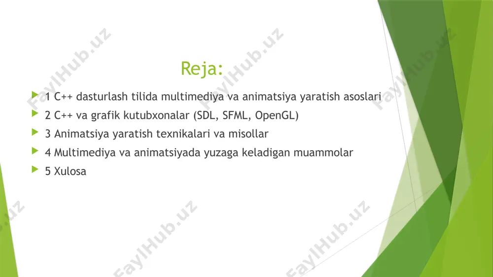aratish jarayonidir. c++ da animatsiya yaratish uchun asosan quyidagi texnikalar qo‘llaniladi: frame-based animatsiya: har bir kadr alohida tasvir yoki rasm sifatida ko‘rsatiladi. har bir kadr orasidagi farqni ko‘rsatish orqali harakat tasvirlari hosil bo‘ladi. sprite-based animatsiya: bir nechta tasvirni birlashtirgan "sprite sheet"dan foydalaniladi. har bir tasvir o‘zining joylashuvini va o‘lchamini o‘zgartiradi. bu usulda, o‘yinlarda yoki interaktiv ilovalarda ko‘p ishlatiladi. keyframe animatsiyasi: obyektning muayyan holatlari (keyframes) belgilanadi, va o‘rtadagi holatlar interpolatsiya qilinadi. bu usulda, harakatlar oson va silliq ko‘rsatiladi. ushbu kodda yashil doira ekranda harakatlanadi c++ va grafik kutubxonalar (sdl, sfml, opengl) c++ dasturlash tili, o‘zining kuchli imkoniyatlari va yuqori tezligi bilan keng tarqalgan va ko‘p turdagi dasturlarda qo‘llaniladi. c++da grafika va animatsiyalar yaratish uchun turli xil kutubxonalar mavjud. bu kutubxonalar orqali dasturchilar interaktiv grafikalar, o‘yinlar, 2d va 3d animatsiyalarni yaratishlari mumkin. c++ dasturlash tilida ishlatiladigan asosiy grafik kutubxonalar quyidagilardan iborat: sdl (simple directmedia layer) sfml (simple and fast multimedia library) opengl …