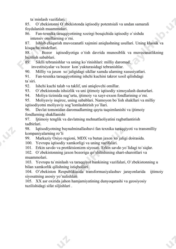 mlakatlar qishloq xo’jaligida va samoyali-tijorat (yollanma mehnatli) sohibkorlikning vujudga kelishi va rivojlanishi. 69. yerni ijora munosabatlari, yer rentasi, ijara haqi. 70. yer rentaning manbai va turlari. absalyut (mutloqo) renta. 71. differensial (farqli) yer rentasi va uning ikki shakli. 72. konlardan va qurilish uchaskalaridan olinadigan renta. yerning bahosi. 73. qishloq xo’jaligida sarmoyali tijorat soxibkorlikning rivojlanishi va agrosanot integrasiyasi. 74. yerni iqtisodiy baxolash va uni resurslardan foydalanishdagi roli. 75. fermer xo`jaligining qo`llab quvvatlashni ng davlat dasturlari. 76. fermer xo`jaligining iqtisodiy va sotsial afzalligi. 77. iqtisodiyotning agrar sektori. yerning resurs sifatida aloxida xususiyatlari. 78. o`zbekistonda yalpi milliy maxsulotni ko`paytirish omillari va yo`llari. 79. xufiyona iqtisodiyot, uning belgilari va ijtimoiy-iqtisodiy oqibatlari. 80. yalpi milliy maxsulotlarning miqdori va sifat o`lchamlari xamda uni taqsimlash nisbatlari. 81. yalpi talabning qiymat-pul va moddiy ashyoviy tomonlari. 82. yalpi talab va taklif egrichi ziqlarining kesishishi va o`zgarish qonuniyatlari. 83. investitsiyalarning o`zgaruvchanligi va investitsion muxitda xavf- xatarni hisobga olishning axamiyati. 84. …