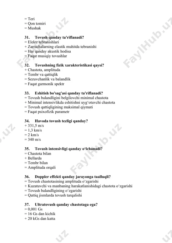 bosimiga = muhit zichligiga 59. ovoz boylamlari qaysi tovushlar chiqarishda kam tebranadi? + undosh tovushlar = unli tovushlar = baland tovushlar = past tovushlar 60. ultratovushning yuqori chegarasi qaysi? = 20 kgs + chegaralanmagan = 40 kgs = 50 kgs 61. yurakning chap qorinchasining asosiy vazifasi nima? = qonning kislorod bilan boyitilishi + qon bosim kuchini yengish va kinetik energiya berish = qonning to‘xtashini ta'minlash = qonning yurakka qaytishini ta'minlash 62. yurakning quvvati qanday aniqlanadi? = yurak urish chastotasi bilan + sistolik davrda bajargan ishi bilan = qon hajmi bilan = pulslash tezligi bilan 63. qon aylanish tizimining gidrodinamik modeli nimani tasvirlaydi? = qon tomirlarining elastikligini = qon bosimini va oqimini + arterial qismini elastik rezervuar sifatida = qonning tarkibini 64. puls to‘lqini qanday aniqlanadi? = yurakning diastola davrida hosil bo‘ladi + chap qorinchadan itarilgan yuqori bosimli to‘lqin = qon tomirlaridagi past bosim to‘lqini = yurakning ritmik qisqarishi 65. puls …