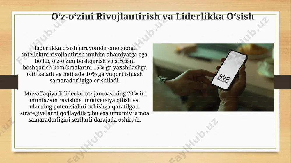 yosda aniqlash, keyin esa ularning koʻpaytmasini hisoblash orqali umumiy xatar ballini aniqlash samarali usul hisoblanadi. xatarlarni samarali boshqarish uchun kamida yiliga 2 marta xatarlarni tahlil qilish va monitoring qilishni oʻtkazish, va xatarlar roʻyxatini muntazam yangilab borish muhimdir. rahbarlikning zamonaviy uslublari rahbarlikning transformatsion uslubi 80% hollarda kompaniyalarning innovatsion va ilg’or texnologiyalarni joriy etishga bo’lgan qiziqishini oshiradi. agile va scrum kabi loyiha boshqaruv metodologiyalari zamonaviy rahbarlarga moslashuvchanlikni ta’minlab, 15% ga tezroq natijalarga erishish imkonini beradi. muvaffaqiyatga erishish va davomiy rivojlanish muvaffaqiyatli rivojlanish uchun 5 ta asosiy ko'nikma: muloqot, muammo yechish, qaror qabul qilish, innovatsiya va moslashuvchanlik zarur. davomiy rivojlanish 70/20/10 qoidasiga asoslanadi: 70% amaliyot, 20% mentorlik va 10% o'quv kurslari. e'tiboringiz uchun rahmat @taqdimot_robot image7.jpg image8.jpg image9.jpg image10.jpg image11.jpg image12.jpg image13.jpg image14.jpg image15.jpg image16.jpg image17.jpg image18.jpg image3.png image4.png