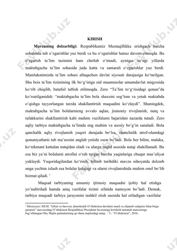 gacha yoshidagi bolalarga ta'lim berishning о’ziga hos jihatlarini o’rganish. kusr ishining obyekti. kurs ishining obyekti maktabgacha yoshdagi bolalarga aqliy tarbiya berish jarayoni. kusr ishining predmeti. kurs ishining ishining predmeti maktabgacha yoshdagi bolalarga aqliy tarbiya berish usullari. kurs ishi materiallarining ilmiy va amaliy ahamiyati. kurs ishida asoslangan tavsiyalar, ilmiy qarashlar maktabgacha yoshdagi bolalarga aqliy tarbiya berishda foydalanish mumkin. kurs ishining tuzilishi: kirish, 2 bob, 4 paragraf, xulosa va foydalanilgan adabiyotlar ro‘yhatidan iborat. i.bob. maktabgacha yoshdagi bolalarga aqliy tarbiya berishning nazariy asoslari 1.1. aqliy tarbiya haqida umumiy tushuncha aql - keng ma'noda sezish va idrok etishdan boshlanib tafakkur va hayotni o'z ichiga oladigan bilish jarayonlari yig'indisidir. aqliy tarbiya - bu aqlni rivojlantirish maqsadida yoshlarga muntazam va maqsadga muvofiq pedagogik ta'sir ko'rsatish. u yosh avlodning insoniyat to'plagan bilimlar, malaka va ko'nikmalarda, qoidalarda o'z ifodasini topgan ijtimoiy-tarixiy tajribani egallashning rejali jarayoni sifatida ro'y beradi. bu ta'sir kattalar tomonidan amalga oshiriladi va bolalarning aqliy rivojlanishini …