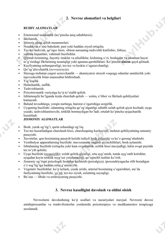 sixoanalitik nazariyalar nevrozni va uning alomatlarini asosan chuqur psixologik nizo natijasi sifatida ifodalaydi. bunday nizo insonning asosiy ehtiyojlarini qondirishga to’sqinlik qiladigan va uning kelajagiga tahdid soladigan, inson unga qarshi kurashadigan, lekin yenga olmaydigan uzoq vaqt saqlanadigan ijtimoiy vaziyatlar sharoitida shakllanadi deb taxmin qilinadi. zigmund freyd bunday nizolarni «id»ning instinktiv talablarni jamiyatdagi odob-axloq va me’yorlarni nazarda tutadigan «super-ego» tomonidan bostirilishidagi fundamental qarshiliklarda ko’rgan. karen xorni hisoblashicha, nevrozning fundamental nizosi — shaxsning mos kelmaydigan himoya tendentsiyalari o’rtasidagi qarama-qarshilikning natijasidir. xorlik, ijtimoiy izolyatsiya, ota-onalarning mutlaq boshqaruvchi mehr-muhabbati, beparvo va tajovuzkor munosabat kabi noqulay ijtimoiy omillardan himoyalanish uchun, bola «odamlar tomon», «odamlarga qarshi» va «odamlardan nari» yo’nalishlarga asoslangan himoya usullarini shakllantiradi. 2. nevroz alomatlari va belgilari ruhiy alomatlar · emotsional tushkunlik (ko’pincha aniq sabablarsiz). · ikkilanish. · ijtimoiy aloqa qilish muammolari. · noadekvat o’zini baholash: past yoki haddan ziyod ortiqcha. · tez-tez tashvish, qo’rquv hissi, «biron narsaning tashvishli kutilishi», fobiya, · vahima hujumlari, vahimali …