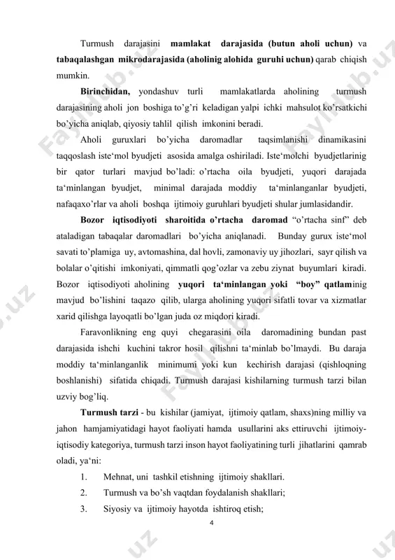 ilar ehtiyojlarini qondirish darajasi jamiyat a‘zolarining aholida olgan va oilaviy daromadlari darajasiga bog’liq. ya‘ni, aholi jon boshiga to’g’ri keluvchi milliy daromad, aholi jon boshiga to’g’ri keluvchi iste‘mol hajmi va boshqalar daromad manbalari hisoblanadi. 2-savol. daromadlar tengsizligi va uning darajasini aniqlash dunyodagi barcha mamlakatlar aholi jon boshiga to’g’ri keladigan o’rtacha daromadlar darajasi bilan bir-biridan keskin farqlanadi. bu esa daromadlar o’rtasida tengsizlik mavjudligi bildiradi o’rtacha daromadlar ham daromadlaridagi farqlarni bartaraf qilmaydi. daromadlar tengsizligi darajasini miqdoriy aniqlash uchun jahon amaliyotida lorents egri chizig’idan foydalaniladi. daromad % 100 e 80 60 40 20 f aholi % 0 20 40 60 80 100 chizmaning yotiq chizig’ida aholi guruxlarining foizdagi ulushi tik chizig’ida esa bu guruhlar tomonidan olinadigan daromadning foizdagi ulushi joylashtirilgan. nazariy jihatdan daromadlarning mutloq teng taqsimlanishi imkoniyati (burchakni teng ikkiga bo’luvchi) oye chiziqda ifodalangan bo’lib, u oilalarning har qanday tegishli foizi daromadlarining mos keluvchi foizni olishini ko’rsatadi. ya‘ni aholining 20% barcha daromadlarining 20% ni, …