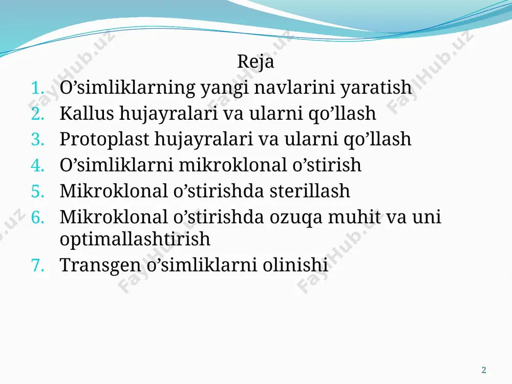 00 170 k2so4 990 nah2po4-h2o 19 150 na2so4 200 cacl2 · 2h2o 150 166 96 ca(no3)2 · 4h2o 300 556 na2edta · 2h2o 37.2 37.2 37.2 feso4 · 7h2o 27.8 27.8 27.8 fe2(so4)3 2.5 h3bo3 1.5 3 1.6 6.2 cocl2 · 6h2o 0.025 cuso4 · 5h2o 0.001 0.025 0.25 mnso4 · h2o 10 mnso4 · 4h2o 7 4.4 22.3 moo3 0.0001 na2moo4 · 2h2o 0.25 0.25 kl 0.75 0.75 0.8 znso4 · 7h2o 3 2 1.5 8.6 11 № ўсимликларни ўстириш регуляторлари қисқартма номлари молекуляр массалари 1 abscisic acid aba 264.3 2 indole-3-acetic acid iaa 175.2 3 naphthaleneacetic acid naa 186.2 4 2,4-dichlorophenoxyacetic acid 2,4-d 221.0 5 indole-3-butyric acid иба 203.2 6 6-furfurylaminopurine кинетин 215.2 7 6-benzly-aminopurine бап 225.2 8 n6 (2-isopentenyl)-adenine 2ip 203.3 9 trans-6-(4-hydroxyl-3-methylbut-2-enyl) amino purine зеатин 219.2 10 gibberellic acid ga3 346.4 11 thidiazuron tдз 220.2 transgen o’simliklarni olinishi shish to'qimalarda gormonlarni sintezi – o'simlik o'tkazilishi bilan …
