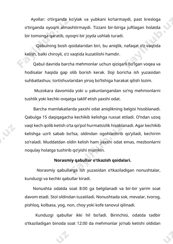 inlik va kofedan iborat bo’ladi. taomlar katta laganlarga solinadi. uning yoniga ovqatni likopchalarga solish anjomalari qo’yiladi. stol markazida ichimlik, qadah va piyolalar turadi. likopcha va sanchqilar stol chetiga qo’yiladi. issiq ovqat, choy, kofe va shirinliklarni ofitsiantlar patnisda tarqatishadi. «jurfiks» norasmiy qabullarning bir turi hisoblanib, yuqori amaldor shaxslarning xotinlarini kuz va qish oylarida haftaning aniq bir kunining, ma’lum soatida tashkil etiladigan tadbirdir. tadbirga taklifnoma mavsum boshida jo’natiladi va doimiy ravishda mavsum tugaguncha qadar davom etadi. odatda, tadbir tomosha va adabiyot kechalari tariqasida o’tkaziladi. jurfiksni uy bekasi tomonidan xo’jayinning xotinini sharofatiga o’tkaziladigan tadbir hisoblasa bo’ladi, agar oldindan kelishilgan bo’lsa, erkaklarni xam taklif etish mumkin. norasmiy qabullarga kiyinish qoidalari. erkaklar kunduzgi norasmiy qabullarga kokteyl yoki nonushta bo’lsa yaltiroq bo’lmagan har qanday kostyum kiyishi mumkin. soat 20:00 dan keyin boshlanadigan tungi seanslarga to’q qora kostyum kiyishni tavsiya qiladi. har qanday qabullarga oq ko’ylak kiyishi va yaltiroq bo’lmagan galstuk taqish mumkin. qora galstuk faqat motam …
