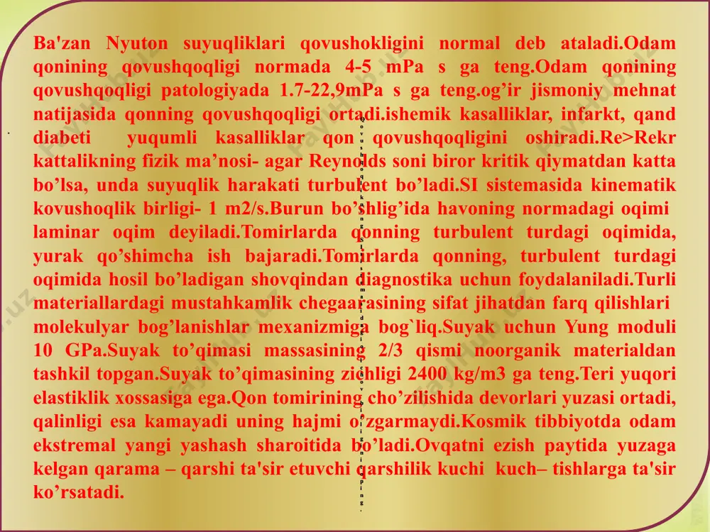 ib turadigan harakatlarga tebranishlar deyiladi.tebranishlarning fazoda tarqalishiga to’lqin deyiladi.jismlarning chiziqli o’lchamlarini o’lchash uchun odatda biz shtangentsirkul, mikrometrdan, o’lchov lentasidan foydalanamiz.zichlikning birligi kg/m3 hisoblanadi.jismlarning zichligi odatda bosim ortishi bilan ortadi.jismlarning zichligi odatda temperaturasi ko’tarilganda kamayadi.suvning zichligi 4 c dan boshlab temperaturaning kamayishi bilan kamayadi.organizmdagi qon aylanish jarayonini fizikaning gidrodinamika bo`limida o`rganamiz.fizikaning mexanika bo’limida yurakning mexanik ishini o’rganadi.gaz harakati bilan bog’liq bo’lgan nafas olish jarayonini fizikaning airodinamika bo’limi o’rganadi.inson tanasidagi issiqlik uzatish jarayonini fizikaning termodinamika bo’limi o’rganadi.qovushqoqlikning si sistemasidagi o’lchov birligi 1 pa*s ga teng. . qovushqoqlikning si sistemasidagi o’lchov birligini toping. qovushqoqlikning si sistemasidagi o’lchov birligini toping. jismlarning o`zaro tortishish kuchlari orqali aniqlanadigan massaga gravitatsion massa deyiladi. tovush to`lqinining balandligi tebranish amplitudasiga bog`liq.si sistemadagi molekulyar fizikaga tegishli asosiy fizik kattaliklar modda miqdori, harorat, massa hisoblanadi.ochiq idishdagi suvni qaynashiga havo bosimi normal atmosfera bosimidan kichik bo’lishi sabab bo`ladi.vaqt o’tishi bilan muvozanat vaziyati atrofida davriy ravishda takrorlanib turadigan harakatlarga tebranishlar deyiladi.tebranishlarning fazoda tarqalishiga …