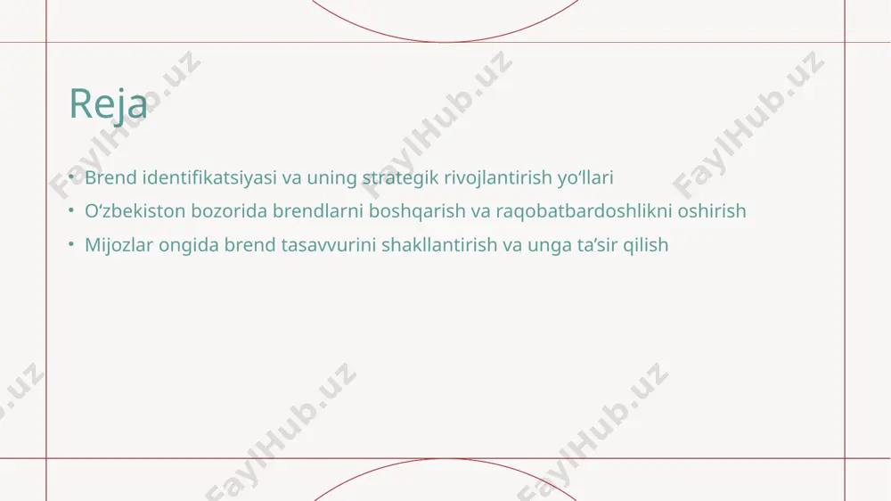, raqobatbardoshligini oshiradi. raqobatbardosh bozor sharoitida brend pozitsiyasini mustahkamlash raqobat muhitini tahlil qilish innovatsion yondashuvlar mijozlarga yo‘naltirilganlik bozor sharoitlarini chuqur o‘rganish va raqobatchilarni tahlil qilish, brendning ustunlik va kamchiliklarini aniqlash orqali strategik yondashuvni shakllantiramiz. yangi texnologiyalar va marketing usullaridan foydalanish, mahsulot va xizmatlarni yangilash orqali raqobatchilardan ajralib turish va pozitsiyani mustahkamlash. mijozlarning ehtiyoj va xohishlarini tahlil qilish, shaxsiylashtirilgan xizmatlar va kommunikatsiya strategiyalarini ishlab chiqish orqali brendga bo‘lgan ishonchni oshiramiz. mijozlar ongida brend tasavvurini shakllantirish usullari 1 mijozlar bilan muloqot mijozlar bilan samarali muloqot brend tasavvurini shakllantirishda asosiy. mahsulot va xizmatlar haqidagi fikrlarni tushunarli va ishonchli tarzda yetkazish muhim. 2 emotsional bog‘lanish mijozlar bilan emotsional bog‘lanish ularning brendga bo‘lgan ishonchini oshiradi. hikoyalar, ramzlar va qimmatli xabarlar orqali hurmat va sadoqat hosil qilinadi. 3 ijtimoiy media va texnologiyalar zamonaviy texnologiyalar, ijtimoiy media platformalari orqali brendlar keng auditoriyaga yetib boradi. bu usul mijozlarning ehtiyojlari va fikrlarini tezda aniqlash imkonini beradi. brend rivojlanishi uchun …