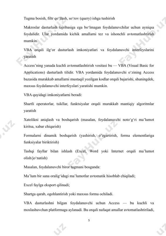 r kabi elementlar yordamida foydalanishni soddalashtiradi shartli formatlash orqali muhim ma’lumotlarni ajratib ko‘rsatadi makros yoki vba bilan bog‘lab, harakatlarni avtomatlashtirish imkonini beradi masalan: foydalanuvchi shaklga yangi mijoz ma’lumotlarini kiritadi tugmani bosib, shu mijoz bo‘yicha hisobot ochadi faqat tanlangan sanalar oralig‘idagi yozuvlarni filtrlaydi 3. tarmoqda ishlash va ma’lumotlar almashinuvi 1. bir nechta foydalanuvchi uchun access bazasini umumlashtirish microsoft access dasturida ma’lumotlar bazasini bir nechta foydalanuvchi bir vaqtning o‘zida ishlatishi mumkin. buning uchun access bazasi ikki qismga ajratiladi: ma’lumotlar (backend) — barcha jadvallar va ma’lumotlar shu qismda saqlanadi. interfeys (frontend) — forma, hisobot, so‘rov va makroslar foydalanuvchilarning kompyuterlariga o‘rnatiladi. ushbu uslub yordamida: har bir foydalanuvchi o‘zining lokal kompyuteridan access bazasiga ulanadi. ma’lumotlar serverda umumiy saqlanadi va hamma uchun yangilanadi. konfliktlar (ziddiyatlar) ehtimoli kamayadi, ma’lumotlar xavfsizligi oshadi. bunday tizim kichik va o‘rta tashkilotlar uchun ideal bo‘lib, tarmoq orqali xodimlar birgalikda ishlashi mumkin. 2. excel, word yoki sql server kabi boshqa dasturlar bilan integratsiya …