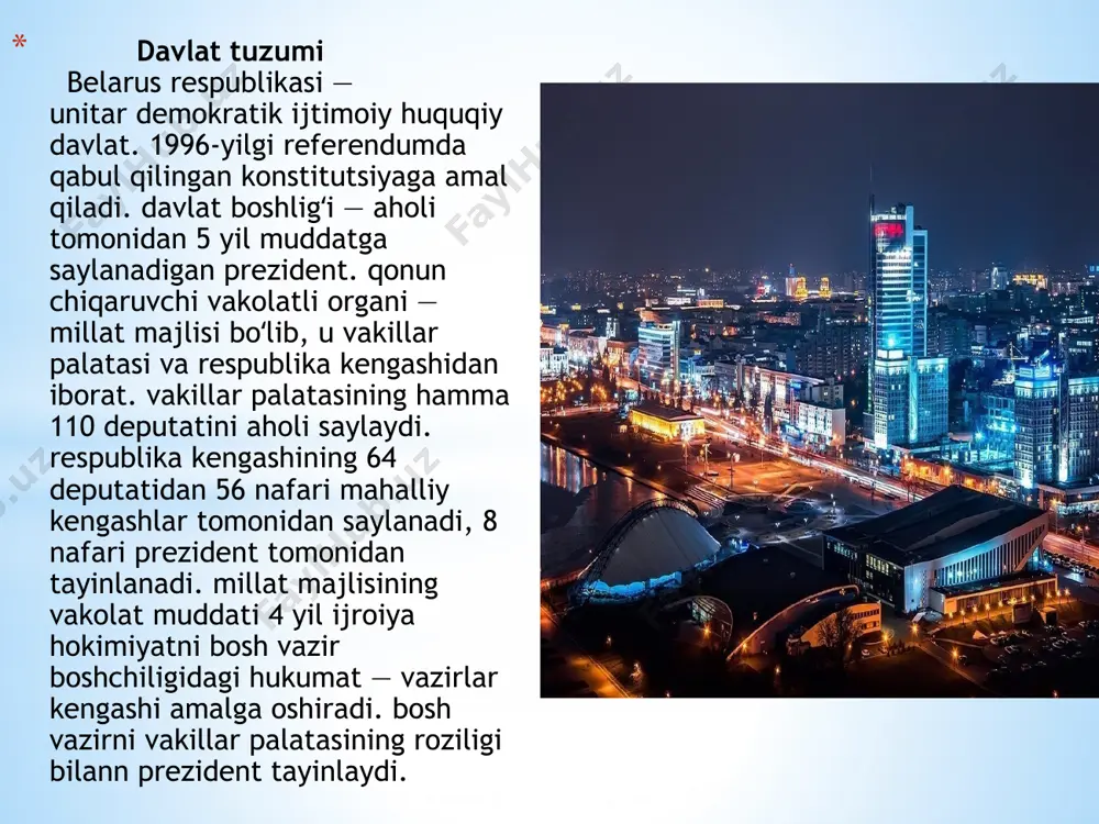 dehqonchilik yoʻlga qoʻyilgan. asosiy ekinlari: karam, bodring, pomidor turp, piyoz, sarimsoq, pyoz, salat sabzi va h.k. meva va rezavorlardan olma, nok, olxoʻri, olcha, gilos, qoragʻat, malina, qulupnay koʻproq yetishtiriladi. chorvachilikning asosiy tarmogʻi — qoramolchilik va choʻchqachilik. parrandachilik yuqori darajada markazlashtirilgan. ayrim yirik xoʻjaliklar qoʻychilikka ixtisoslashgan. yilqi koʻpaytiradigan ot zavodlari bor. hayvonotchilik ham birmuncha rivoj topgan. 10 ixtisoslashgan hayvonot xoʻjaligi va firmasi norka (qorakuzan), yaltiroq qora tulki, shimol tulkisi, nutriya boqadi. tashqi savdosi belarus—oʻzbekiston munosabatlari — bu belarus respublikasi va oʻzbekiston respublikasi oʻrtasidagi ikki tomonlama munosabatlar. belarus-oʻzbekiston diplomatik munosabatlari 1993-yilda belarus respublikasi va oʻzbekiston respublikasi oʻrtasidagi davlatlararo munosabatlar asoslari toʻgʻrisidagi shartnomaga tegishli protokol imzolanganidan keyin oʻrnatilgan. oʻtgan 20 yil davomida belarus va oʻzbekiston ham ikki tomonlama hamkorlikni, ham koʻp tomonlama formatlardagi oʻzaro hamkorlikni rivojlantirishda sezilarli yutuqlarga erishgan. mamlakatlar oʻrtasida bmt, yxht, mdh va boshqa mintaqaviy va xalqaro tashkilotlar doirasida samarali hamkorlik yoʻlga qoʻyilgan. biznes etikasi beloruslarning o'ziga xos milliy xususiyatlari ochiqlik …