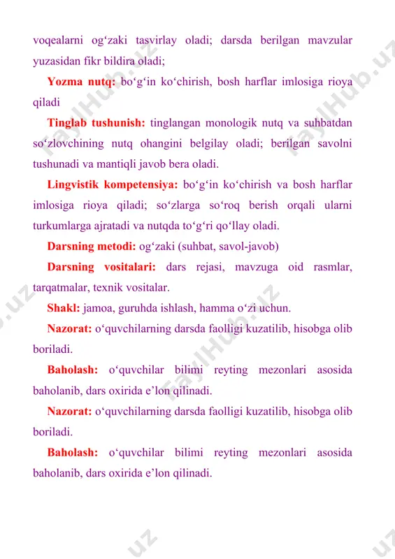 ol va topshiriqlar yozilgan kartochkalar tarqatiladi. o‘quvchilar topshiriqlarni bajarib, o‘tilgan mazuni qismlarga bo‘lib gapirishadi, xulosa chiqarishadi, o‘qituvchi tomonidan umumlashtiriladi. v.o‘quvchilarni rag‘batlantirish. darsni yakunlash, darsda faol qatnashgan o‘quvchilar rag‘bat kartochkalari bilan rag‘batlantiriladi. vi. uyga vazifani e’lon qilish: yangi mavzuni to‘liq takrorlash va yangi mavzu yuzasidan bilimlarini mustahkamlab kelish. o‘ibdo‘: _____________________ _____________ ____________ (imzo) (sana) image3.jpeg image4.png image5.png image6.png image7.png image8.png image9.png image10.png image11.png image1.png image2.png