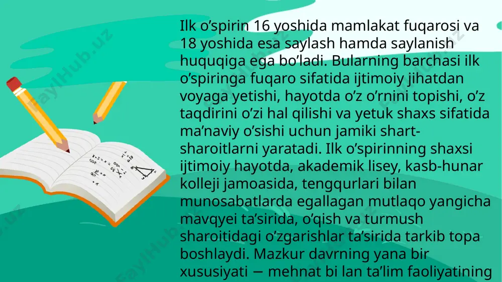 aydi, balki o’z shaxsiyatining ma’naviy-psixologik fazilatlarini, faol ijtimoiy turmush tarzining maqsad va vazifalarini anglashni, oqilona baholashni aks ettiradi. 3. ilk o’spirinlar aql-idrokining xususiyatlari ilk o’spirinda o’zining ruhiy dunyosini, shaxsiy fazilatlarini, aql-zakovatini, qobiliyati hamda imkoniyatini aniqlashga intilish kuchayadi. o’z xulq-atvorini jilovlash, his-tuyg’ulari hamda ichki kechinmalarini tushunish ishtiyoqi vujudga kela boshlaydi ilk o’spirindagi o’zini anglash turmush, o’qish, mehnat va sport faoliyatlari taqozosi bilan namoyon bo’ladi. yangicha ta’lim muassasidagi odatlanilmagan vaziyatning shaxslararo munosabat va muloqot ko’lamining kengayishi o’zining aqliy, axloqiy, irodaviy his-tuyg’ularining xususiyatlarini oqilona baholash, qo’yilayotgan talablarga ja vob tariqasida yondashish o’zini anglashni jadallashtiradi. bunday ta’lim tizimidagi o’quvchilarning o’zini anglashga aloqador xususiyatlari mavjud. bunday ta’lim tizimidagi o’quvchilarning o’zini anglashga aloqador xususiyatlari mavjud. ular avval, o’zlarining kuchli va zaif jihatlarini, yutuq va kamchiliklarini, munosib va nomunosib qiliqlarini aniqroq baholash imkoniyatiga ega bo’ladilar. agar o’smirda atrofdagi kishilarning oqilona baholashlari orqali aniq baholash yuzaga kelsa, ilk o’spirinda bu holat boshqacharoq tarzda kechadi, unda o’z shaxsiy fazilatini, …