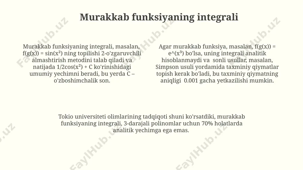 gra shu qiymatlarni f(x) ga qo'llaymiz va natijada murakkab funksiyaning grafik nuqtalarini hosil qilamiz. teskari funksiyalar agar funksiya f(x) ning teskari funksiyasi f⁻¹(x) bo'lsa, unda f(f⁻¹(x)) = x va f⁻¹(f(x)) = x tengliklari o'rinli bo'ladi. masalan, f(x) = x³/2 funksiyasi uchun teskari funksiya samarqand universiteti talabalari tomonidan 2 usulda topilgan. teskari funksiyaning mavjudligi funksiyaning 1:1 (bir-biriga mos) xususiyatiga bog'liq bo'lib, ya'ni har bir x ning faqat bitta f(x) qiymati va teskarisiga, masalan, f(x) = 2x + 3 funksiyasi uchun teskari funksiya mavjud. teskari funksiyalarni topish uchun ko'pincha algebraik manipulyatsiyalar, xususan, 7-sinf algebra darsliklarida keltirilgan usul va grafik usul qo'llaniladi. ushbu usullar yordamida turli murakkablikdagi funksiyalar uchun teskari funksiyalar aniqlanadi. funksiyalarni qo'shish agar f(x) = x² + 3 va g(x) = 2x - 1 bo'lsa, f(g(x)) funktsiyasi x ning 4-darajali polinomini ifodalaydi va uning qiymatini x=5 uchun hisoblash mumkin. funktsiyalarni qo'shish natijasida hosil bo'lgan yangi funktsiya, masalan, f(g(x)), ikkita funktsiyaning, f(x) …