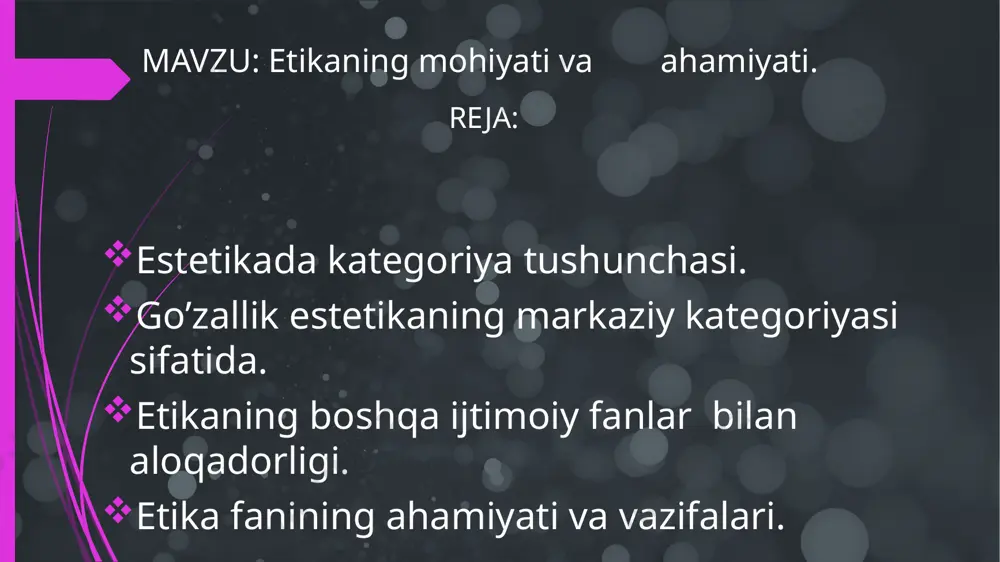 g’usini hosil qiluvchi estetik hissiyot majmuidir. ulug’vorlik o’zida hajm, miqdor ko’lam va buyuklikni mujassam etadi. ingliz nafosatshunosi e.biork ko’zallikni ulug’vorlik bilan solishtiradi va ularni bir-biriga qarama-qarshi tushunch sifatida qaraydi. i.kant esa ko’zallik va ulug’vorlikni uyg’unlikda rivojlanuvchi tushuncha deb aytadi. vatanimiz o’z mustaqilligini qo’lga kiritgandan so’ng milliy-ma’naviy qadriyatlarga yangicha munosabat bildirdi, xalqona, ilg’or an’analar shakllandi, milliy iftixorni yuksaltirishga keng jamoatchilik fikri jalb qilindi. misol uchun, faylasuf olim v. semyonovning fikricha, bugungi jamiyatning axloqiy muhitini talab darajasida saqlab qolish etika fani zimmasiga tushadi va bunda etika insonni quyidagi olti jihatdan o’stirish hamda rivojlantirishga diqqat qilishi lozim: insonni ma’naviy-axloqiy o’stirish. insonda ijodkorlikni rivojlantirish. insonni jismoniy va ma’naviy jihatdan uyg’un rivojlantirish. insonni erkinlikka o’rgatish. insonni maqsadli tarbiyalash. 5 yevro‘pada esa «etika» nomi bilan mashhur, biz ham yaqin-yaqingacha shu atamani qo‘llar edik. uni birinchi bo‘lib yunon faylasufi arastu muomalaga kiritgan. arastu fanlarni tasnif qilarkan, ularni uch guruhga bo‘ladi: nazariy, amaliy va ijodiy. birinchi guruhga u …