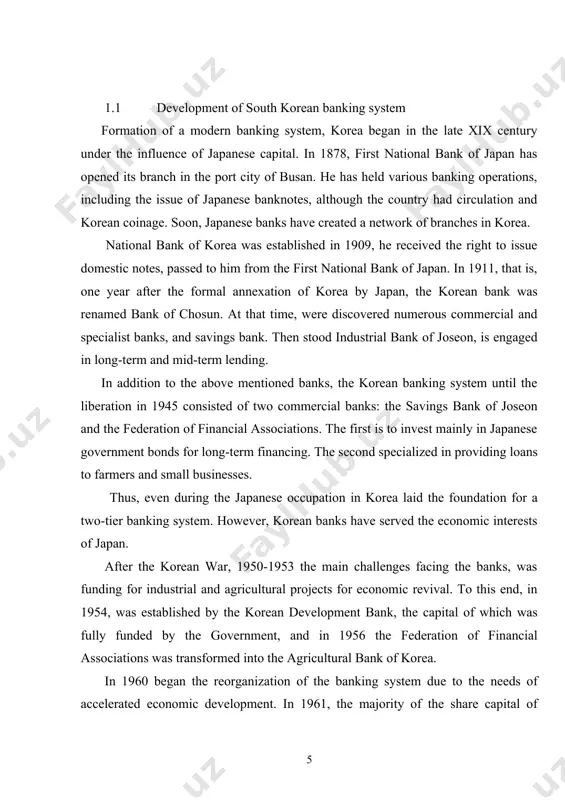 tate's influence on commercial banks. in particular at this time was made by the confiscation of shares of banks, concealed his income from the state. by the end of this decade, the government concluded that the existing banking system was not able to meet the growing demand for investment funds necessary for further economic development. on it was an attempt to broaden the sources of investment, creating different non-bank financial institutions and encouraging the development of securities market. in the late 60's to long-term financing was established financial development corporation of korea - a private financial institution, renamed later in the korean long-term credit bank. it was also open the export-import bank of korea for financial support, export and foreign investment. with the adoption of the 1972 emergency presidential decree aimed at attracting funds from the black market for organized stock market, created an investment-financial companies make short-term transactions in …