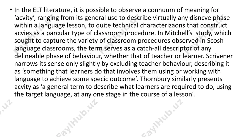 ctivity’. what is perhaps most notable about ‘activity’ as a term is its persistence in our discourse despite the vicissitudes of terminological fashion. hunter and smith (op.cit.) suggest that some of the senses that elt journal writers attached to the keyword activity during the period of clt’s emergence in the 1970s and 1980s—in particular the need for learners to use language free of teacher control—had previously been associated with game. the same study shows that, while task never came close to supplanting activity as a keyword, during the late 1980s, it did absorb some of its senses and valorizing arguments. what has persisted across this transfer of meanings from one term to another is the common ethos, centring on the independence of learners and the importance of absorption in meaningful use of language, that they articulate within elt. part of the secret of the persistence of ‘activity’ as a central …