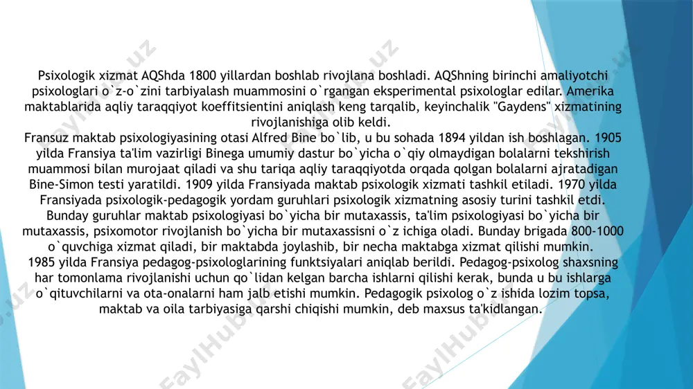 soslarda bartaraf etilayotganligini o`rganish, tahlil qilish va talqin qilish muhim ahamiyat kasb etadi. chunki, respublikada psixologik xizmatga oid olib borilayotgan nazariy-ilmiy va amaliy-uslubiy tadqiqotlar ko`lamiga ma'lum tartibda baho bermay turib, o`zbekistonda psixologik xizmatni yanada takomillashtirish va rivojlantirish masalasi haqida fikr mulohaza yuritib bo`lmaydi. o`zbekistonda psixologik xizmat tarkib topishining dastlabki ildizlari va intihosi asrimizning 30-yillaridagi pedologiya fani va pedologik xizmat faoliyatlariga borib taqaladi. mazkur yillarda ta'lim jarayonini tashkil etish va rivojlantirish o`quvchi va o`qituvchi faoliyati bilan bog`liq psixologik omillarga asoslangan va bu talaygina yaxshi natijalar ham bergan. biroq, afsuski, o`sha davrda sobiq ittifoq mafkurasi va xalq ta'limi o`rtasida paydo bo`lgan ayrim ob'ektiv va sub'ektiv ziddiyatlar oqimi umumta'lim maktablari uchun muhim ahamiyat kasb etgan pedologik xizmat ildiziga bolta urdi va uni rasmiy tarzda yo`qqa chiqardi. natijada, pedagogik psixologiya yo`li bilan bajariladigan barcha ishlar maktabda faqat pedagogik yondashuvlar asosidagina amalga oshirildi. shunday bo`lsa-da, o`zbekistondagi umumta'lim tizimi bilan bog`liq izlanishlar va tadqiqotlar to`xtab qolgani …
