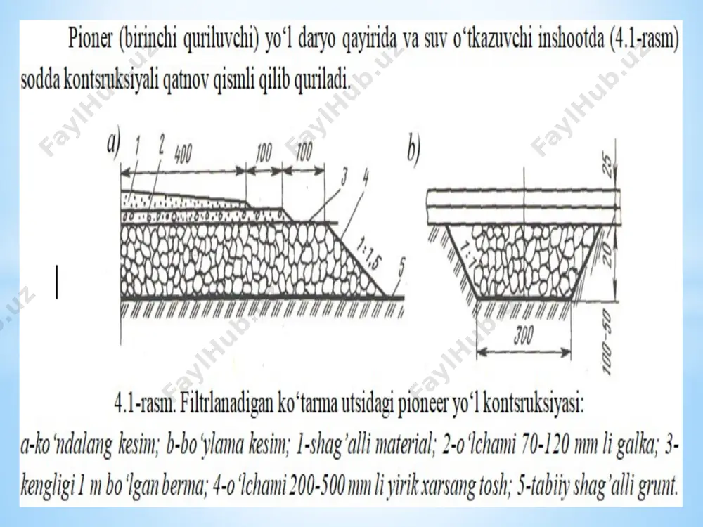 qurish va undan foydalanish ancha engil bo’ladi, chunkiy bu erda qurilish ishlari to’g’ri olib borilsa, relefni harakatchang shakli va ko’chkisi bo’lmaydi. yer ishlarini olib borish uchun èng yaxshi vaqt – qum nam va mashinalar o’ta oladigan bo’lgan qish va bahor oylaridir. bu davrda buldozer va skreperni ish unumdorligi yuqori bo’ladi. yo’lni qum bosishdan muvoffaqiyatli ximoyalashni ta’minlovchi tadbirlar ko’mpleksiga ratsional trassani va qulay qurishni vaqtini tanlashdan tashqari, yo’l poyini kontsruktsiyasini to’g’ri belgilash va yer ishlarini olib borishda alohida qoyidaga amal qilish kerakligi kiradi. yo’lni ko’ndalang kesimi yo’l orqali qumni ushalib qolmasdan o’tishini ta’minlashi, ya’ni ko’tarma va o’ymani yon qiyaligi 1:2 dan kam bo’lgan oquvchan shakilga èga bo’lishi kerak. yon qiyaliklar va yo’l yoqasi yo’l poyi qumini shamolda uchmasligi uchun ximoya qilinishi kerak.qumli ko’chishlar hosil bo’ladigan joylarda yo’l polosasini yo’lni bitta yoki ikkita tomonidan 15-40 m kenglikda buldozer bilan tekislanadi. qumdan tozalangan bu mintaqan foydalanish davrida qum bosishdan tozalanib turiladi. tozalangan polosadan …