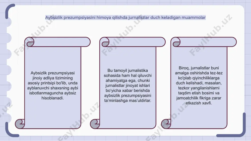 lovlar yoki jamoatchilik fikriga asoslanib, nohaq hukm qilinishidan himoya qiladi. biroq, jurnalistik tergov haqida gap ketganda, aybsizlik prezumptsiyasini hurmat qilish va mumkin bo'lgan huquqbuzarliklar haqida xabar berish o'rtasidagi chegara xiralashishi mumkin. ommaviy axborot vositalarida sud jarayonlari: aybsizlik prezumptsiyasini buzishmi yoki kuchli shaxsni javobgarlikka tortishmi? slaydda ommaviy axborot vositalaridagi sud jarayonlari va ularning aybsizlik prezumptsiyasiga ta'siri mavzusi muhokama qilinadi. ommaviy axborot vositalaridagi sud jarayonlari aybsizlik prezumptsiyasini buzadimi yoki kuchli shaxslarni javobgarlikka tortadimi, degan savol tug‘iladi. slayd jamoatchilik fikrini shakllantirishda jurnalistikaning o‘rni va shov-shuvli reportajlar keltirishi mumkin bo‘lgan zarar haqida bahs-munozaraga chorlaydi. u mas'uliyatli hisobot berish va ayblanuvchining aybi isbotlanmaguncha aybsiz deb hisoblanish huquqi o'rtasidagi nozik muvozanatni tekshiradi. ommaviy axborot vositalari bo‘yicha sud jarayonlarini o‘rganib chiqqan holda, slayd axloqiy jurnalistikaning muhimligini va jurnalistlarning aybsizlik prezumpsiyasiga putur etkazmagan holda faktlarni xolisona bayon etishi zarurligini ta’kidlaydi. jinoiy ishlarni xabar qilishda tarafkashlikning roli: aybsizlik prezumpsiyasi xavf ostida aybsizlik prezumpsiyasi adliya tizimining asosiy printsipi bo'lib, jinoyat …