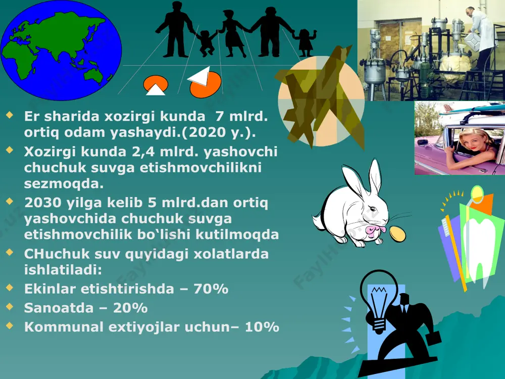 tsisini pasaytirish (asosan – xloridlar va sulfatlar) -dezaktivatsiya (radioaktiv moddalarni yo‘qotish) -dezodoratsiyalash (hidni bartaraf qilish) -ftorlash (ftor miqdorini me’yoriga etkazish) -deftorlash (ftor miqdorini me’yorigacha pasaytirish) suvni tindirish suvni tindirish - tarkibidagi muallaq holda suzib yuruvchi zarrachalarni cho‘ktirish va suvni tiniqlashtirish tushuniladi(filtrlash). suvni zararsizlantirish usullari suvni xlorlash suvni ozonlash ultrabinafsha nur bilan zararsizlantirish ionlantiruvchi nurlanish bilan zararsizlantirish suvni zararsizlantirish ichimlik suvlarini mikroorganizmlardan holi qilish. buning uchun fizikaviy va kimyoviy zararsizlantirish usullari ishlab chiqilgan. fizikaviy usullar – suvni qaynatish, ultrabinafsha nur bilan ishlov berish. bu usul katta hajmlardagi suvlarni zararsizlantirishda qo‘llanilmaydi, ammo uning samaradorligi yuqori, shuning uchun markazlashtirilgan suv ta’minotida kimyoviy zararsizlantirish usullari ko‘proq qo‘llanadi. kimyoviy zararsizlantirish usullari – suvni xlorlash, ozon bilan zararsizlantirish usullar. suvni xlorlashda o‘zida xlor tutuvchi preparatlar (xlorli ohak) qo‘shiladi. suvni xlorlashda suvga etarli miqdorlarda xlor qo‘shilmasa, uning zararsizlantirish samaradorligi yuqori bo‘lmaydi, ortiqcha miqdorlarda xlor qo‘shilganda esa, suvning organoleptik xususiyatlari o‘zgaradi va suv kanserogenlik xususiyatlariga ega bo‘lib qolishi …