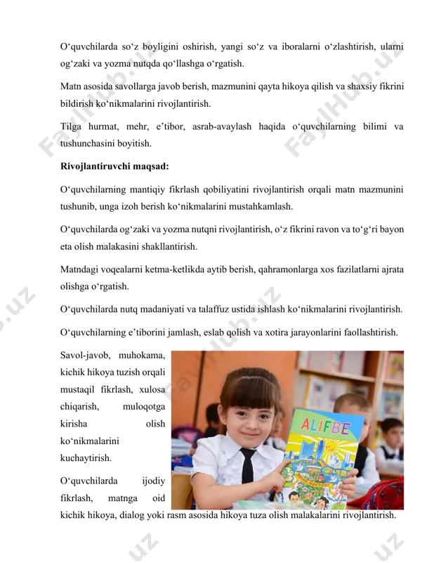 dobli so‘zlash madaniyatini singdirish. o‘quvchilarda vatanparvarlik, milliy qadriyatlarga hurmat bilan qarash tuyg‘usini kuchaytirish. til orqali odamlar o‘rtasidagi do‘stlik, mehr-oqibat kabi tushunchalarni anglashga o‘rgatish. odobli muomala qilish, bir-birining fikriga hurmat bilan qarash, sinfdoshlarini tinglash madaniyatini tarbiyalash. tilni qadrlash orqali milliy o‘zlikni anglash va madaniy merosni asrash g‘oyalarini shakllantirish. o‘quvchilarda ijtimoiy faollik, o‘z fikrini dadil va to‘g‘ri ifoda etish, jamiyatda o‘z o‘rnini anglashi uchun zarur bo‘lgan fazilatlarni tarbiyalash. dars turi: an’anaviy dars dars metodi: tushuntirish, suhbat, interaktiv, amaliy mashqlar, munozara, didaktik o’yinlar metodlari. o’quv jarayonini amalga oshirish texnologiyasi: 1. ta’lim shakli: jamoaviy, juftlikda va yakka tartibdagi ishlar 2. ta’lim metodi (usullari): og‘zaki bayon qilish savol-javob bahs-munozara tushunchalarni izohlash “fikr zanjiri” usuli klaster tuzish “kim chaqqon?” (o‘yin elementi bilan mustahkamlash) 3. ta’lim vositalari: darslik (o‘qish 2-sinf) tarqatmalar (so‘zlar, savollar, rasmli topshiriqlar) interaktiv doska yoki slayd (agar mavjud bo‘lsa) kartochkalar, rasmli ko‘rgazmalar 4. ta’lim texnologiyasi: zamonaviy interfaol ta’lim texnologiyalari (dialogli o‘qitish, kichik guruhlarda ishlash) …