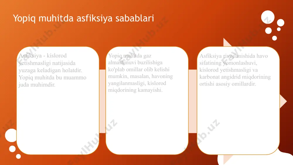 piq muhitda kislorod kamligi, gazlar ifloslanishi va havo aylanmasining yo'qligi. asfiksiyadan saqlanish usullari yopiq muhitda asfiksiyadan saqlanish bo'yicha asosiy usullar va xavfsizlik choralarini ko'rish zarurligini tushuntirish. 1. havo sifatini doimiy nazorat qiling va havalandirishni ta'minlang. 2. asfiksiya xavfi bo'lgan joylarda xavfsizlik choralarini ko'ring, masalan, havo o'zgarishini nazorat qilish uchun signalizatsiya tizimlarini o'rnating. 3. odamlarni asfiksiyadan saqlanish bo'yicha ta'lim bering va xabardorlikni oshiring: asfiksiyaning sabablari, belgilari va oldini olish usullari haqida ma'lumot bering. xulosa yopiq muhitda asfiksiya sabablari gaz almashinuvi buzilishi va atrof-muhit omillaridir. ushbu omillarni aniqlash hayot muhimligini oshiradi. asfiksiya belgilarini erta aniqlash, simptomlar va xavflarni tushunish hayot qutqarishi mumkin. belgilarni bilish, xavflarni kamaytirishga yordam beradi. asfiksiyadan saqlanish uchun havo sifatini nazorat qilish va rejalashtirish zarur. bu, asfiksiya turlarini klassifikatsiyalash va xavflarni baholashni talab qiladi. foydalanilgan adabiyotlar 1. asfiksiya va uning turlari: yopiq muhitda xavf va oldini olish usullari. tibbiyot ilmiy jurnali, 2022 2. yopiq muhitda asfiksiya: sabablari va xavflari. …