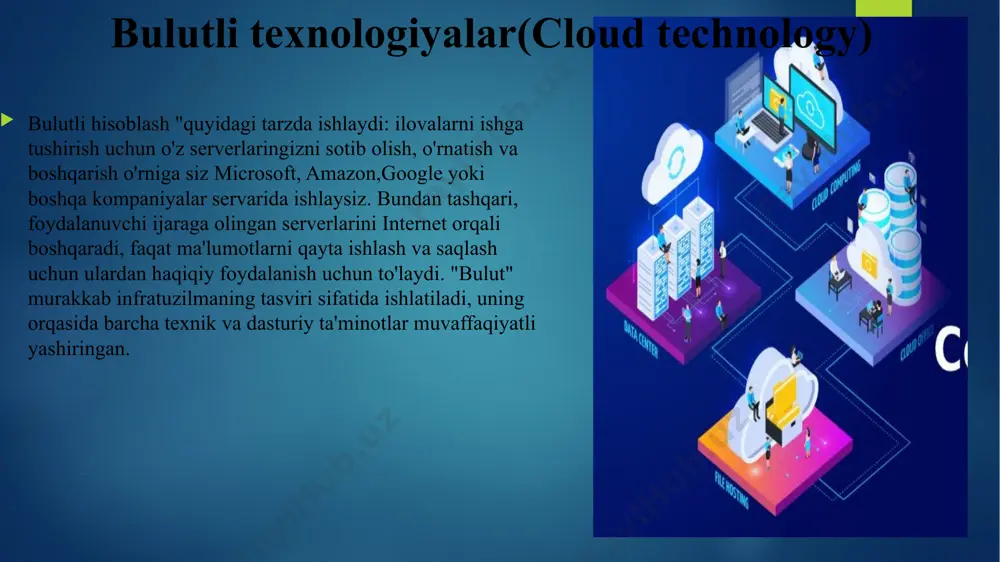 ga kirish huquqiga ega. saas - storage-as-a-service ("saqlash xizmat sifatida") - dasturiy ta’minotni ta’minlaydi. ushbu modelda foydalanuvchilar faqat tarmoq orqali kerakli dasturlarning ishlashiga kirish huquqiga ega bo‘ladilar. saas modeli allaqachon hujjatlarni tahrirlash va taqdimot qilish, loyihalarni boshqarish uchun arizalarni topshirish uchun ishlatiladi xizmat sifatida platforma (paas) saas modelida: ilova masofadan foydalanish uchun moslangan; bir nechta mijoz bitta dasturdan foydalanishi mumkin; xizmat uchun to'lov har oylik obuna sifatida yoki tranzaktsiyalarning umumiy miqdoridan kelib chiqib olinadi; dasturni qo'llab-quvvatlash allaqachon to'lovga kiritilgan; dastur xodimlarga mijozlarga muammosiz va shaffof ravishda yangilanishi mumkin. saasга gmail, google docs, netflix, photoshop.com, acrobat.com, intuit quickbooks online, ibm lotuslive, unyte, salesforce.com, sugar crm i webex . bulutli xizmat ko'rsatish modeli modelning tavsifii modelning maqsadi iaas server, tarmoq, saqlash manbalari ushbu model platformalarni moslashuvchan va tezkor ravishda qayta konfiguratsiya qilishga imkon beradi. amalga oshirilgan misol - amazonpaas boshqarish interfeysidan bulutli xizmat paas iaas-ni ilovalardan boshqarish interfeysi model sizga bulutni amaliy …