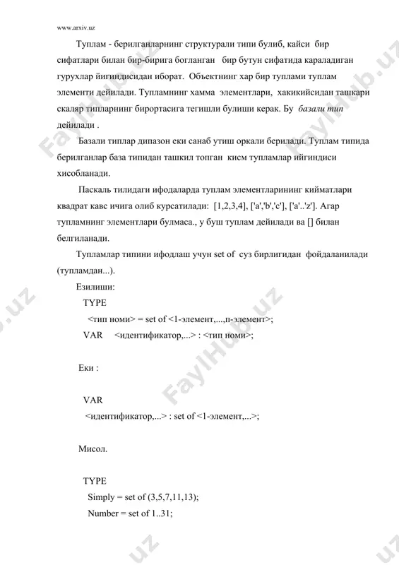 ) операцияси. агарда а ва в тупламлар, куввати еки киймати буйича биттагина элементга фарк килса хам , тенг эмас хисобланади. а нинг киймати в нинг киймати ифода натижа [1,2,3] [3,1,2,4] a <> b true ['a'..'z'] ['b'..'z'] a <> b true ['c'..'t'] ['t'..'c'] a <> b false "катта ёки кичик" ( >= ) операцияси. тупламга тегишлиликни аниклашда фойдаланилади. агарда в тупламнинг хамма элементлари а туплам ичига кирган булса ,a >= в опеоациясининг натижаси true булади. акс холда натижа false булади. а нинг киймати в нинг киймати ифода натижа [1,2,3,4] [2,3,4] a >= b true ['a'..'z'] ['b'..'t'] a >= b true ['z','x','c'] ['c','x'] a >= b true "кичик ёки тенг" ( >= ) операцияси. бу операция хам олдингисига ухшаш, лекин a = record : ; ... : end; var : ; мисол. type car = record number : integer; {тартиб номери } marka : string[20]; { автомобиль маркаси } fio : string[40]; …